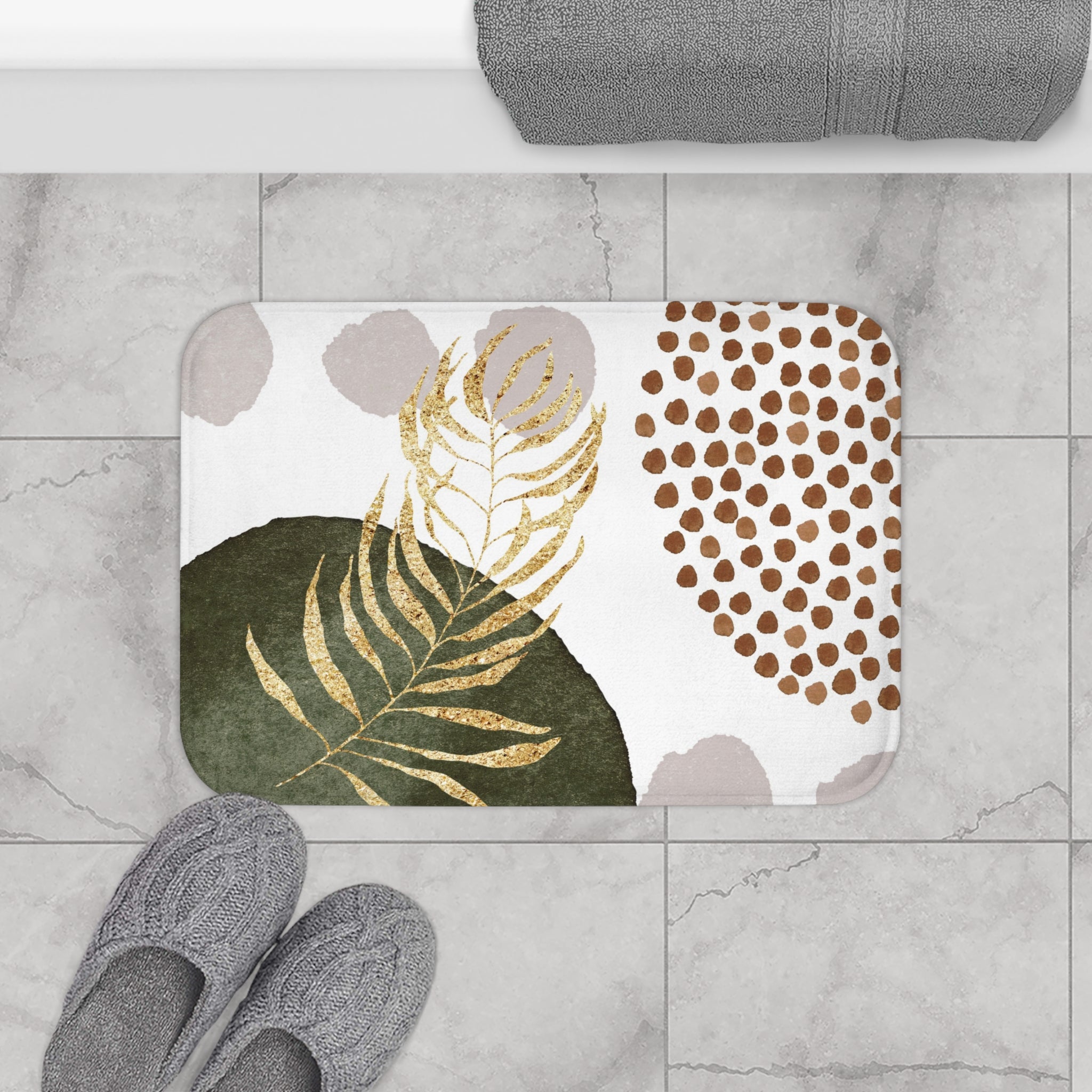 Abstract Bath Mat | White Green Beige Kitchen Mat