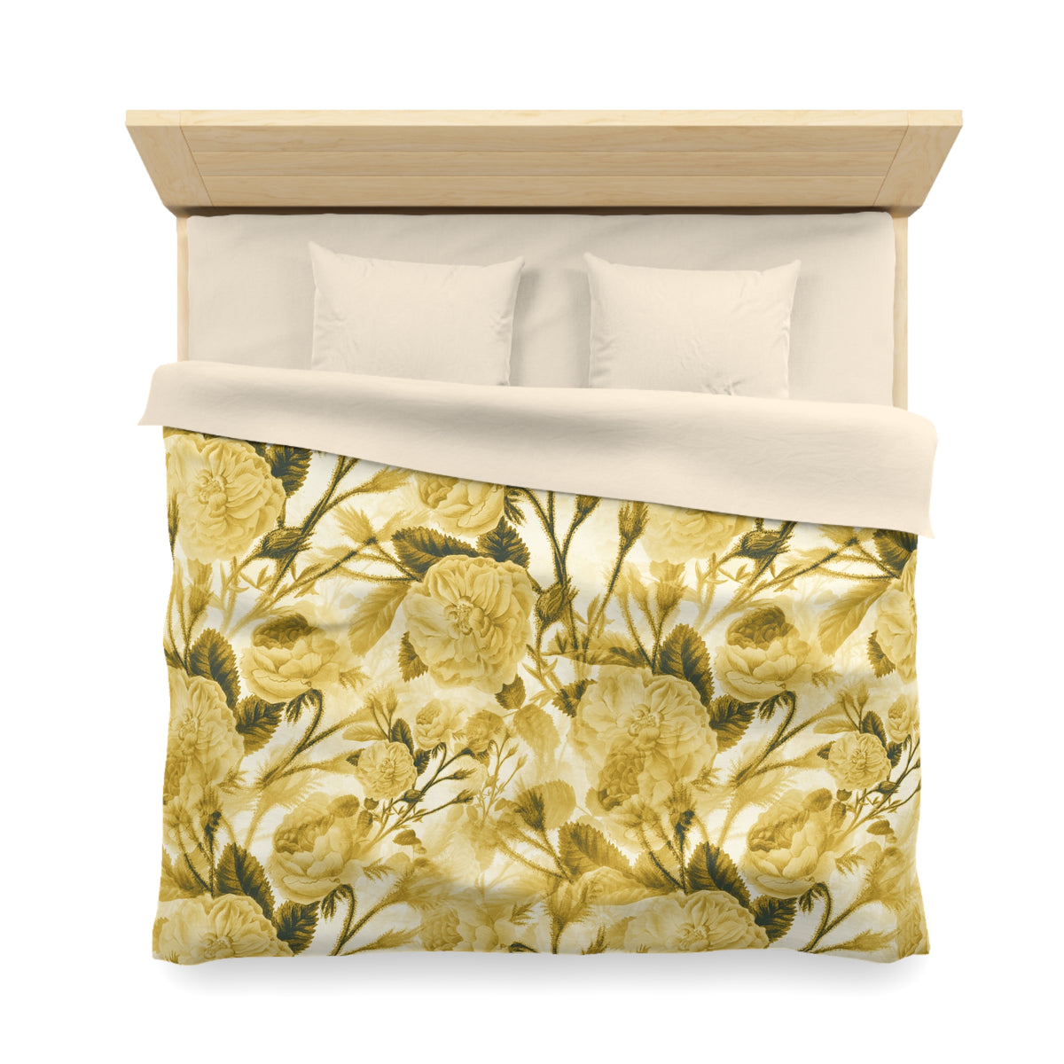 a bed with a floral print duvet cover and pillows.