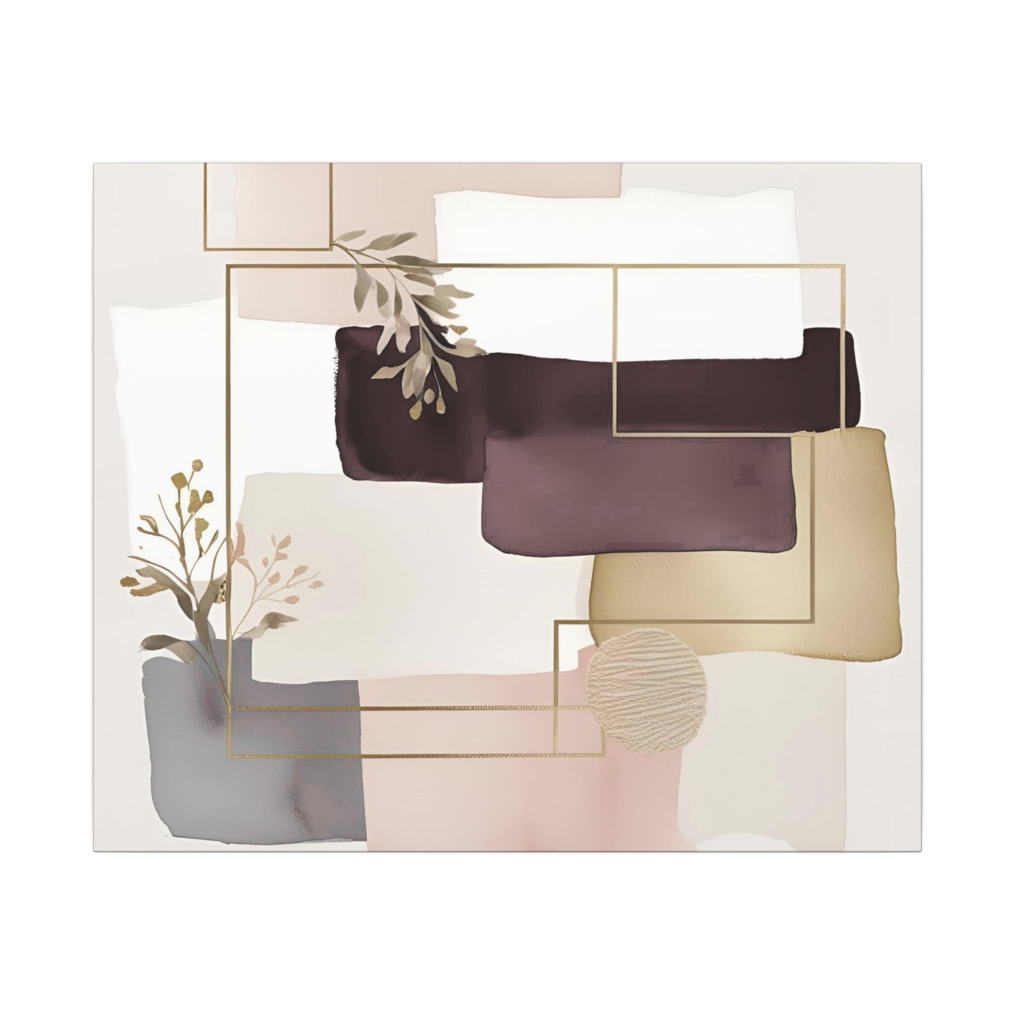 The image is an abstract art piece featuring a variety of shapes and colors, including shades of pink, brown, and white. The composition includes a plant and a geometric pattern, creating a visually interesting and dynamic composition.