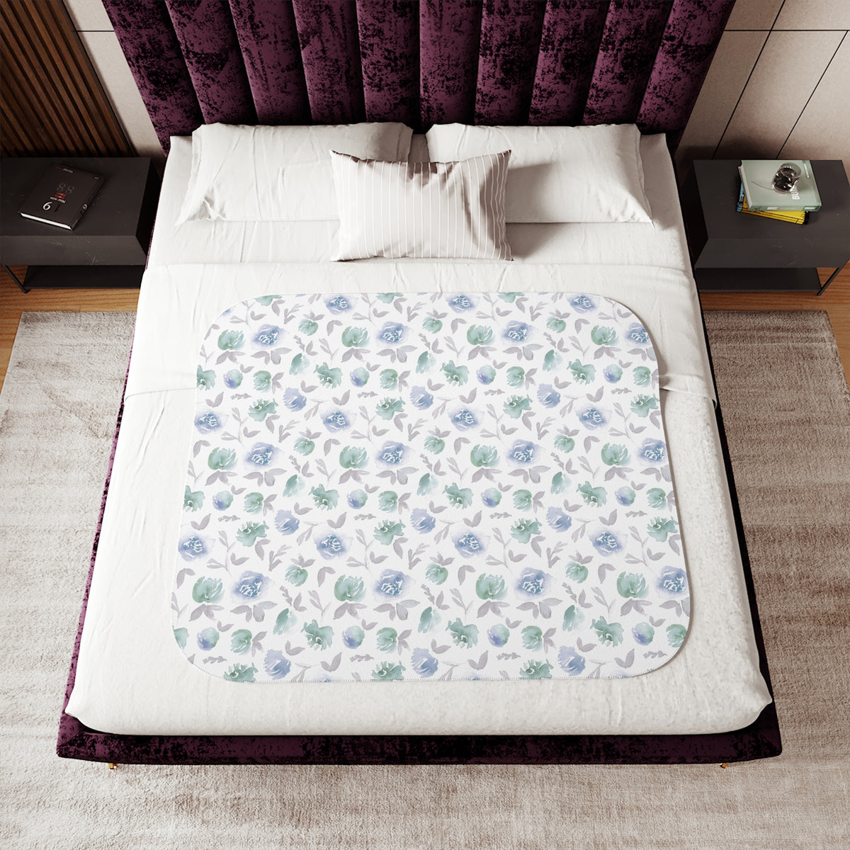 Blue Mint Watercolor Rosette Sherpa Blanket | Soft Floral Throw