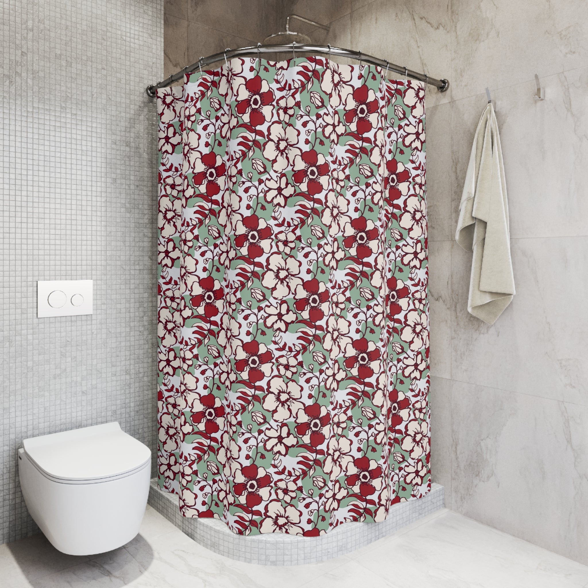 Boho Shower Curtain | Sage Green, Red White Floral