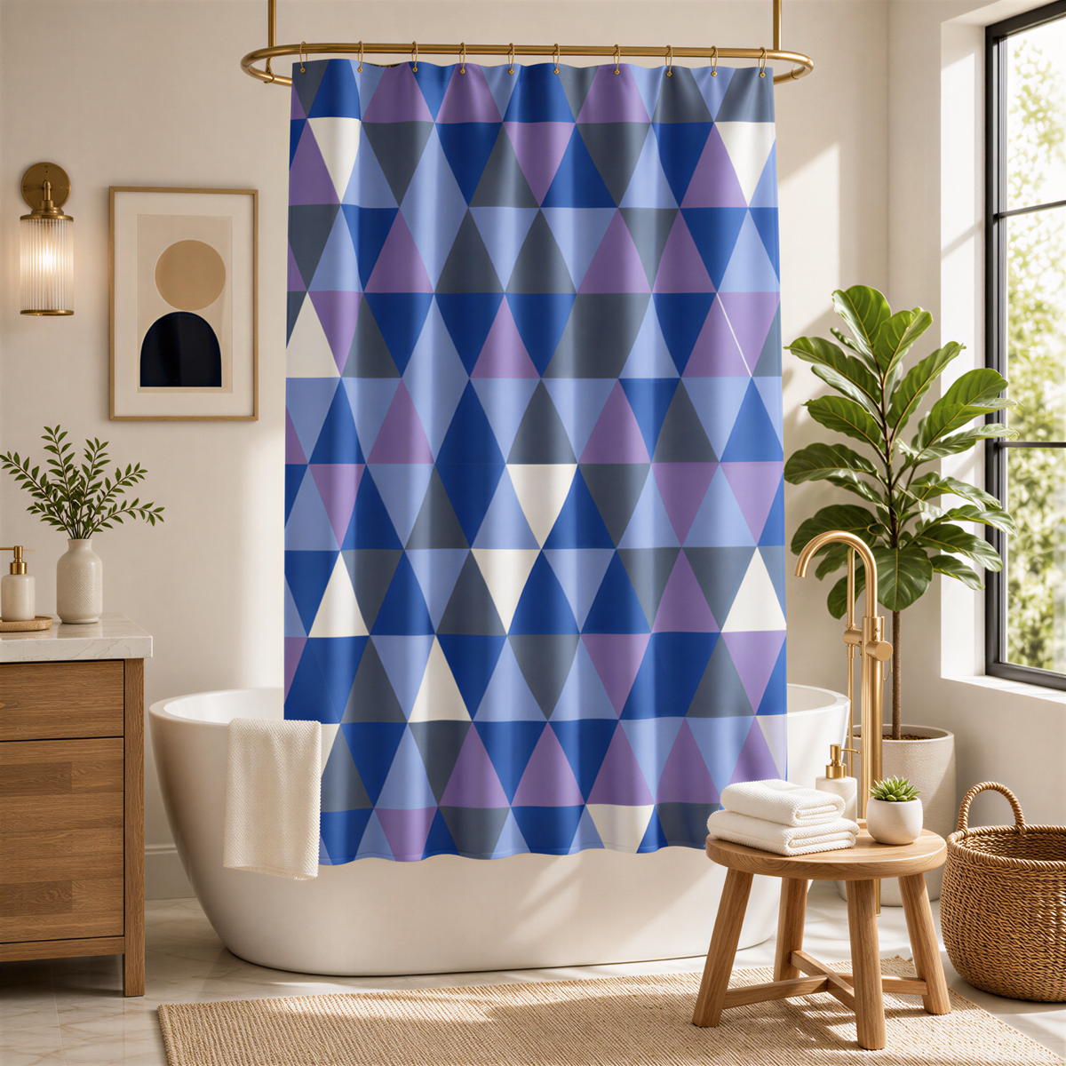 a bathroom with a white bathtub, a colorful geometric patterned shower curtain, a wooden stool, a potted plant, and a framed picture on the wall.