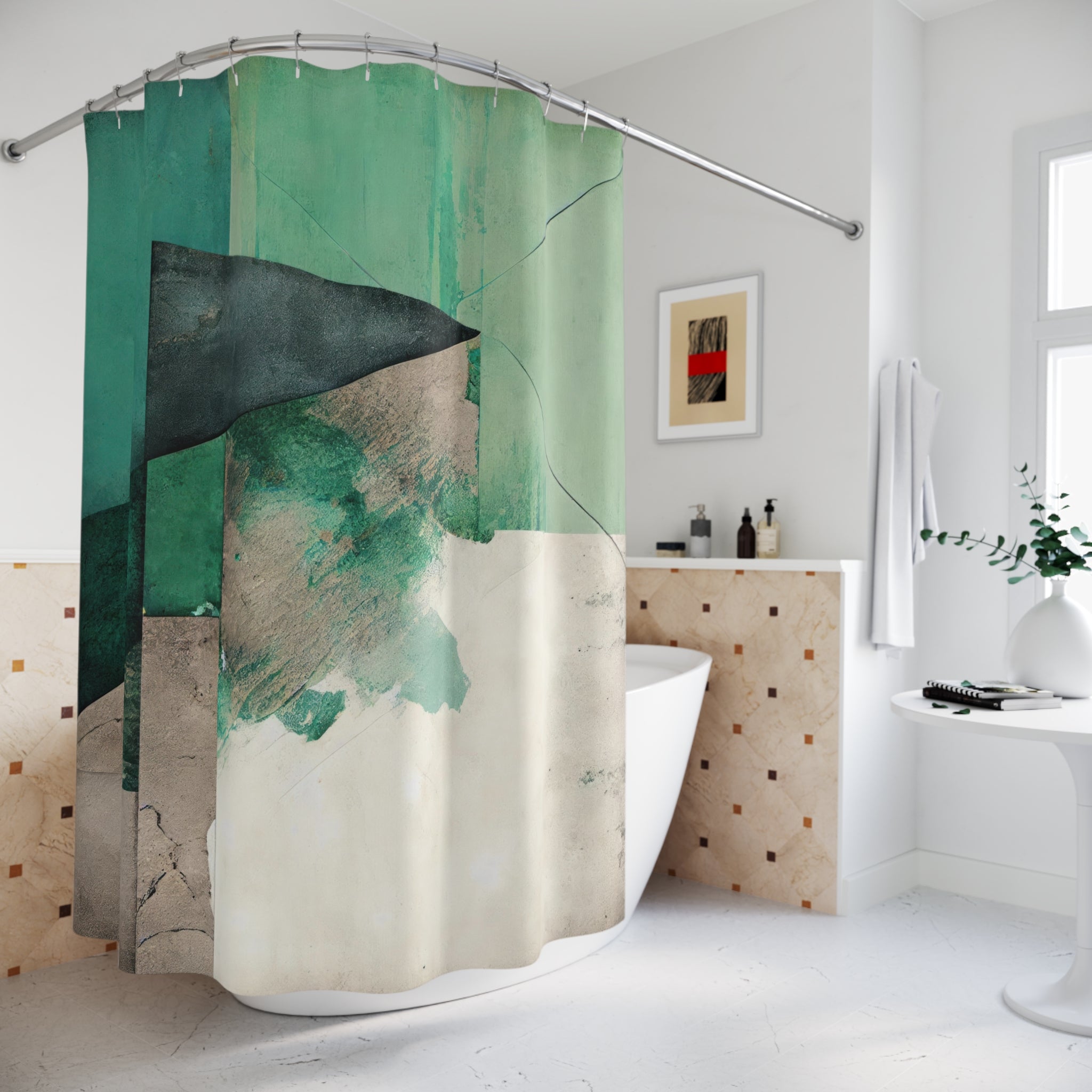Green Boho Shower Curtain, Bath Mat | Beige Geometric Bathroom Set