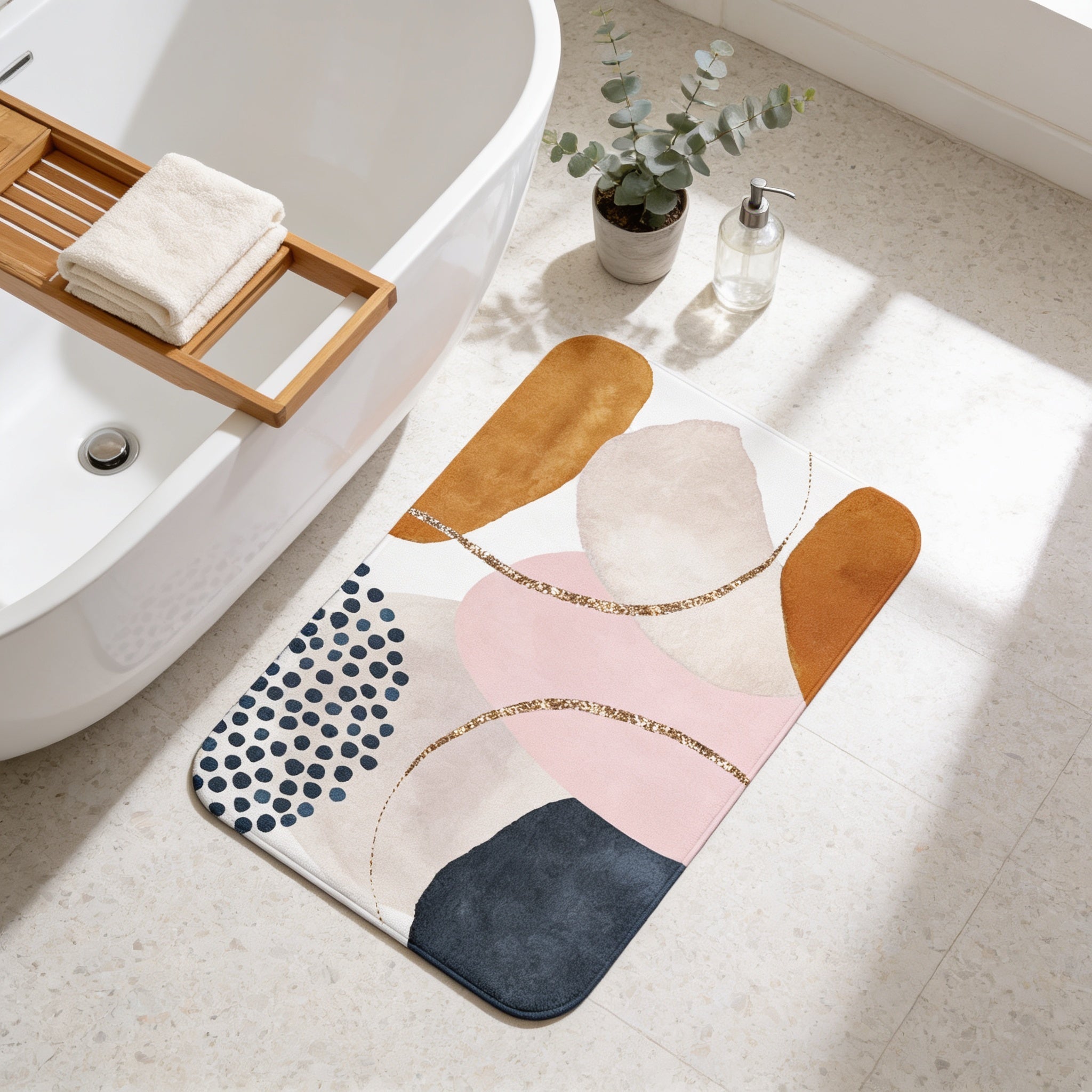 a bathroom with a white bathtub, a colorful abstract rug, and a wooden tray with a folded towel.