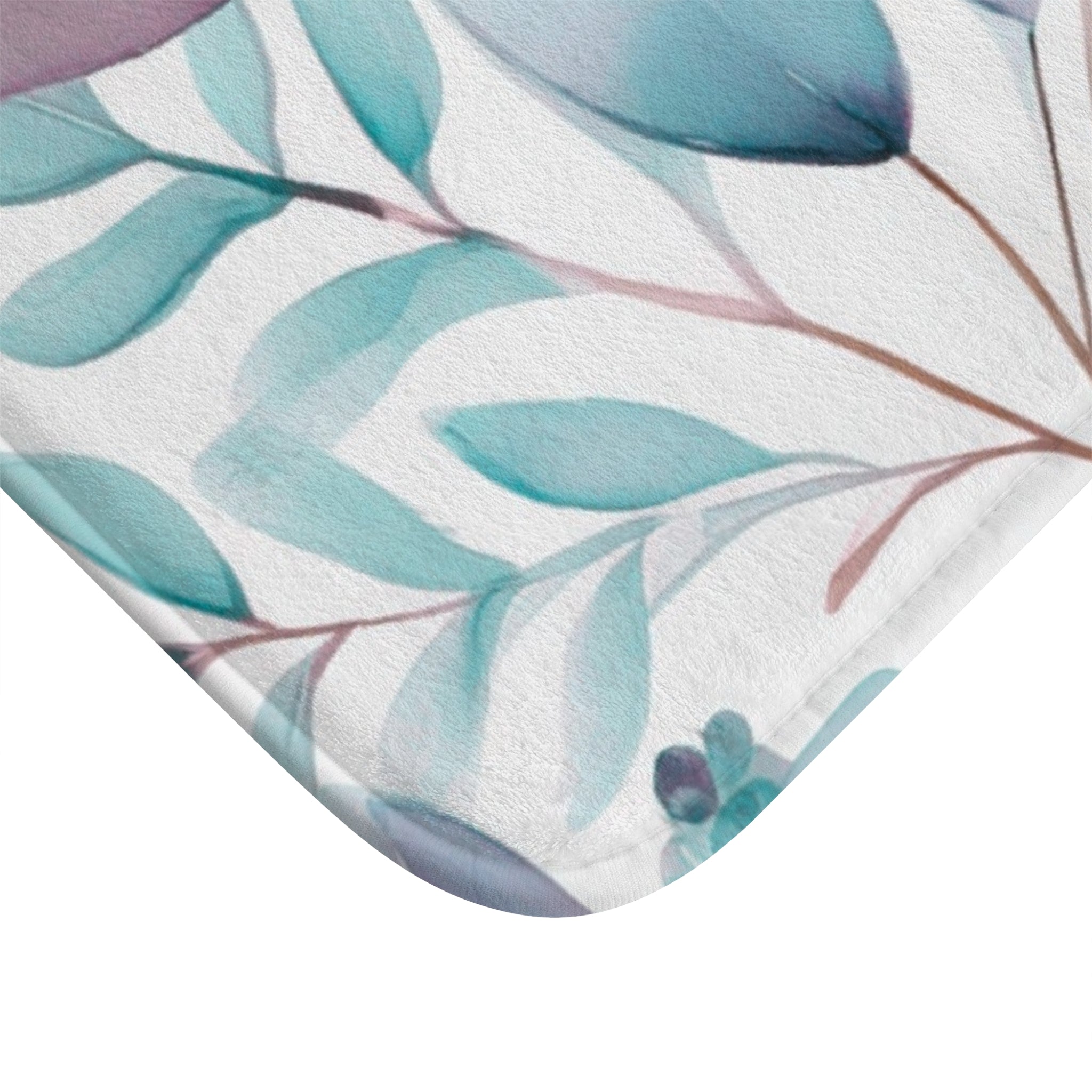 Floral Bath Mat | Teal Mauve White Leaves Kitchen Mat