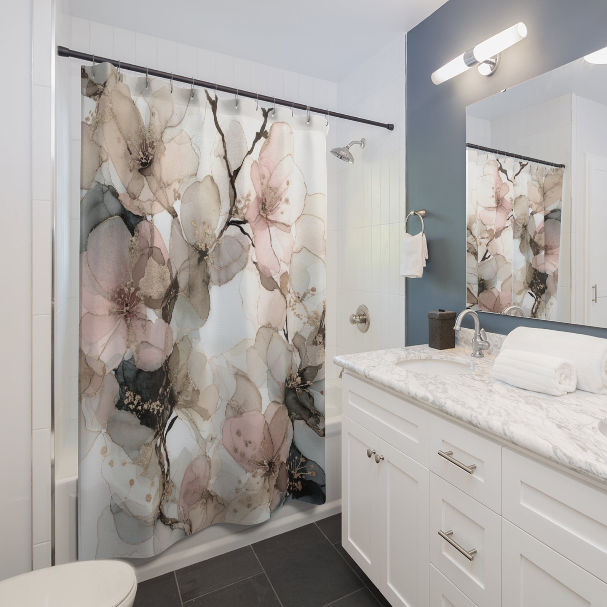 Abstract Shower Curtain | Floral Watercolor Blush Beige, Grey