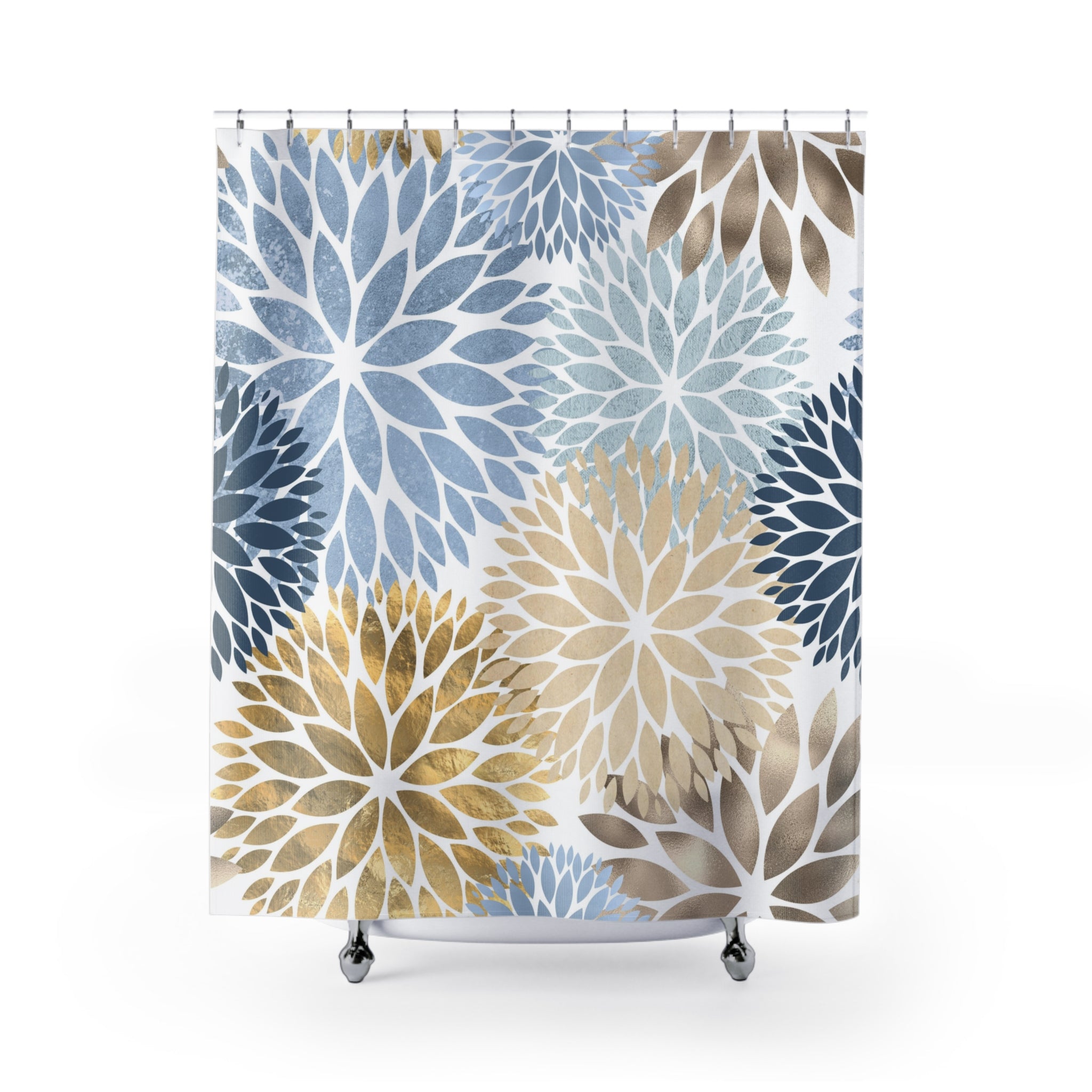 Floral Shower Curtain | Dhalia Blue, Beige, Gold