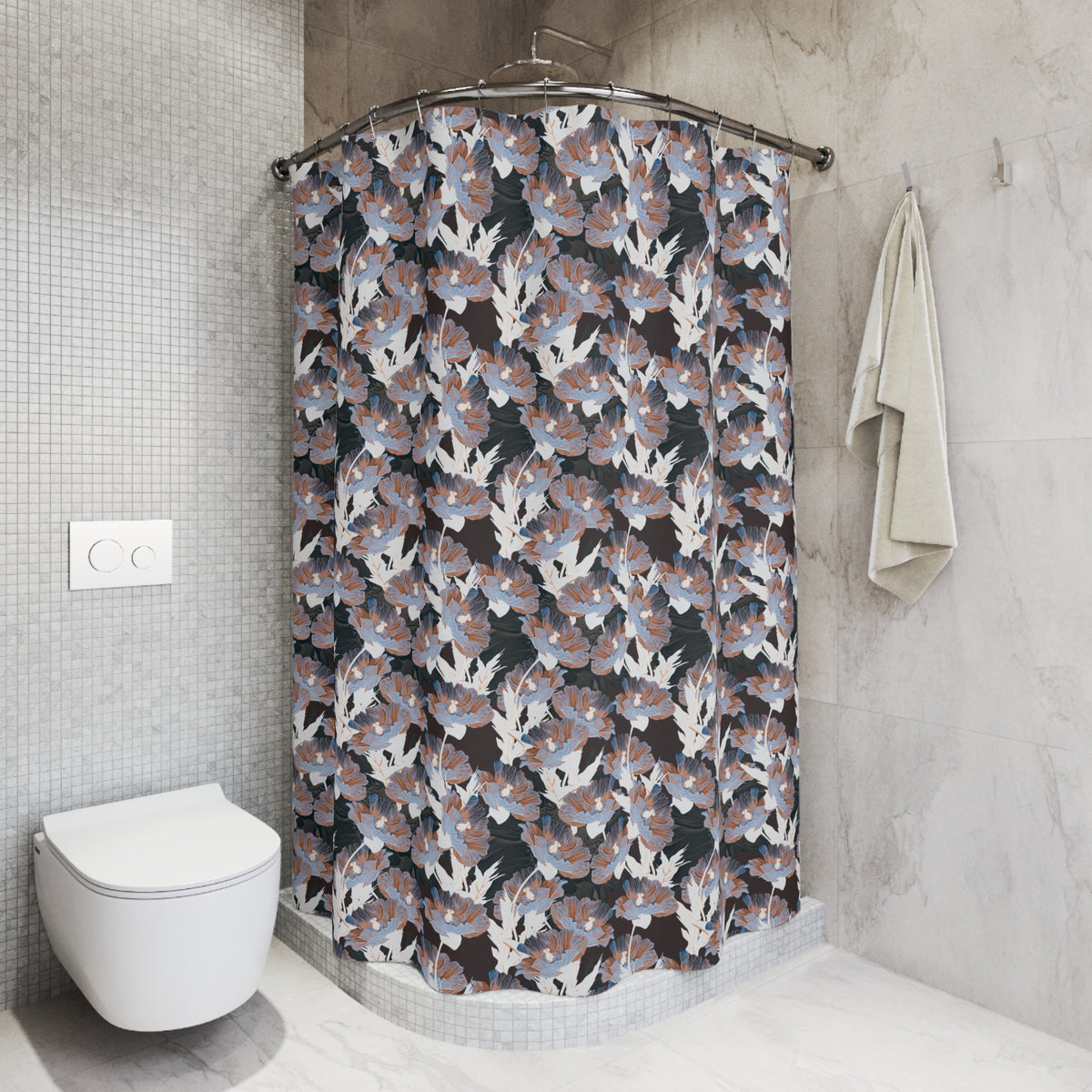 a bathroom with a shower curtain featuring a floral pattern in shades of blue, green, and white. The shower area is enclosed by a metal rod, and there is a towel hanging on the wall next to the shower.