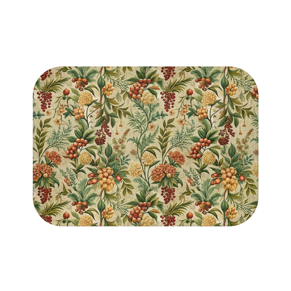 a repeating pattern of various fruits and flowers, including berries, leaves, and other natural elements, creating a vibrant and colorful design.