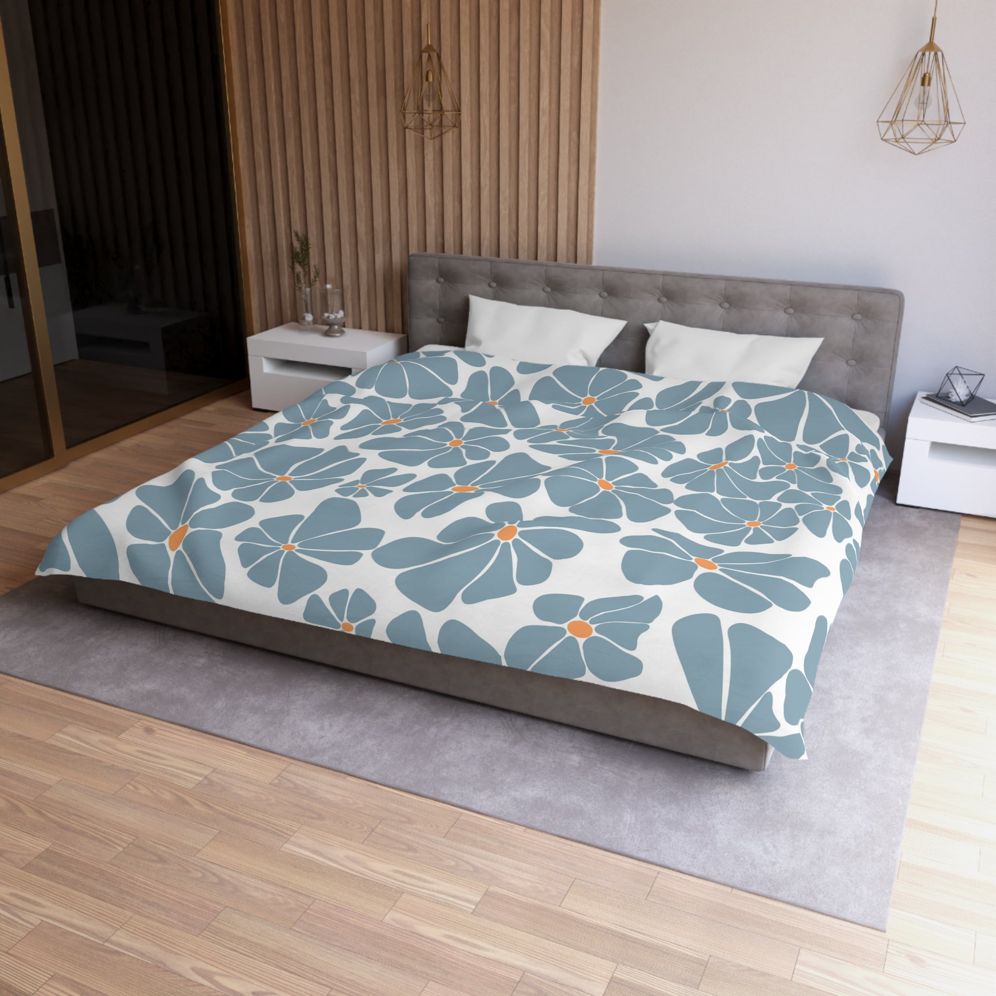 Retro, Floral Duvet Cover | Powder Blue White Orange Bedding | Bedroom Decor