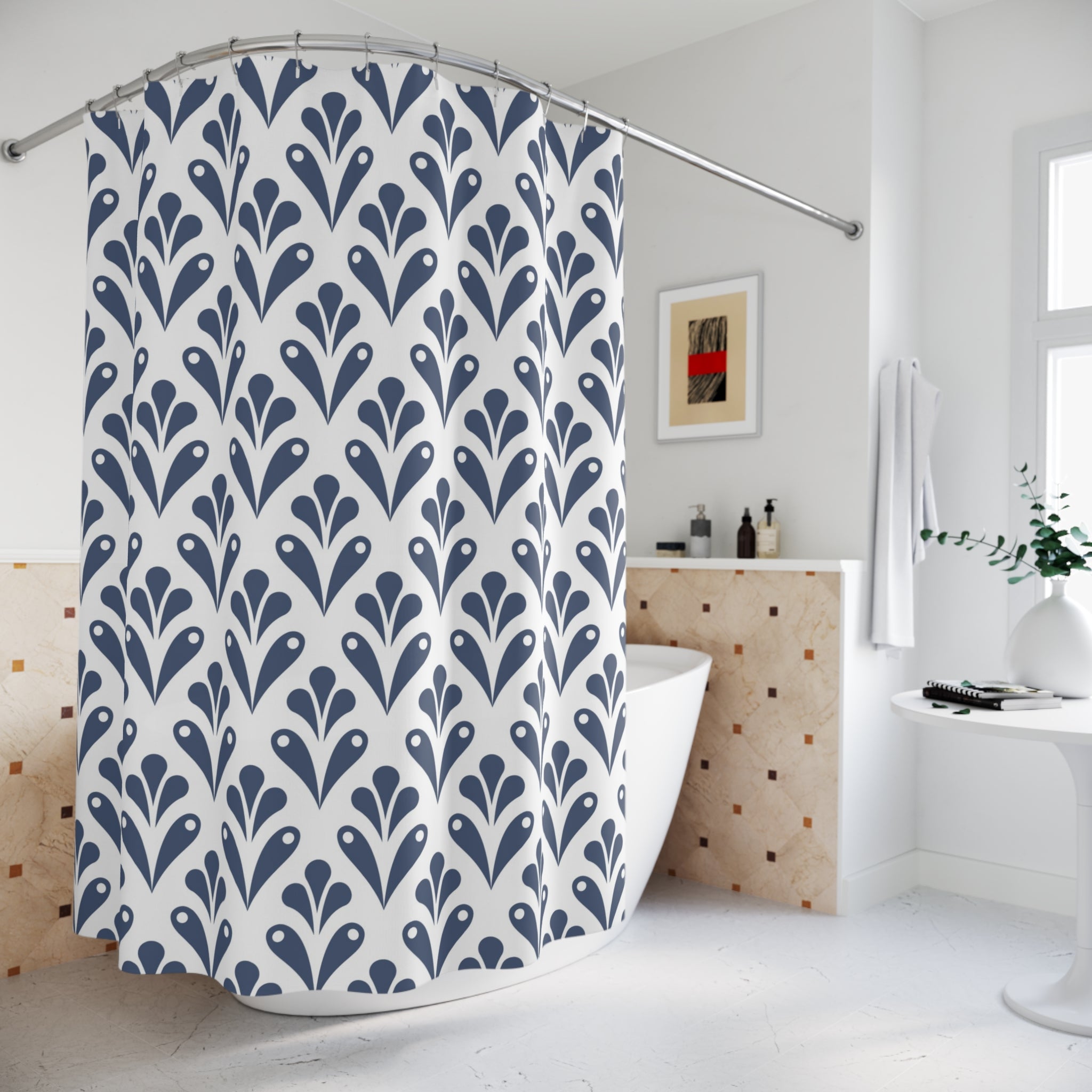 Art Deco Shower Curtain | Blue White Floral Bathroom Decor