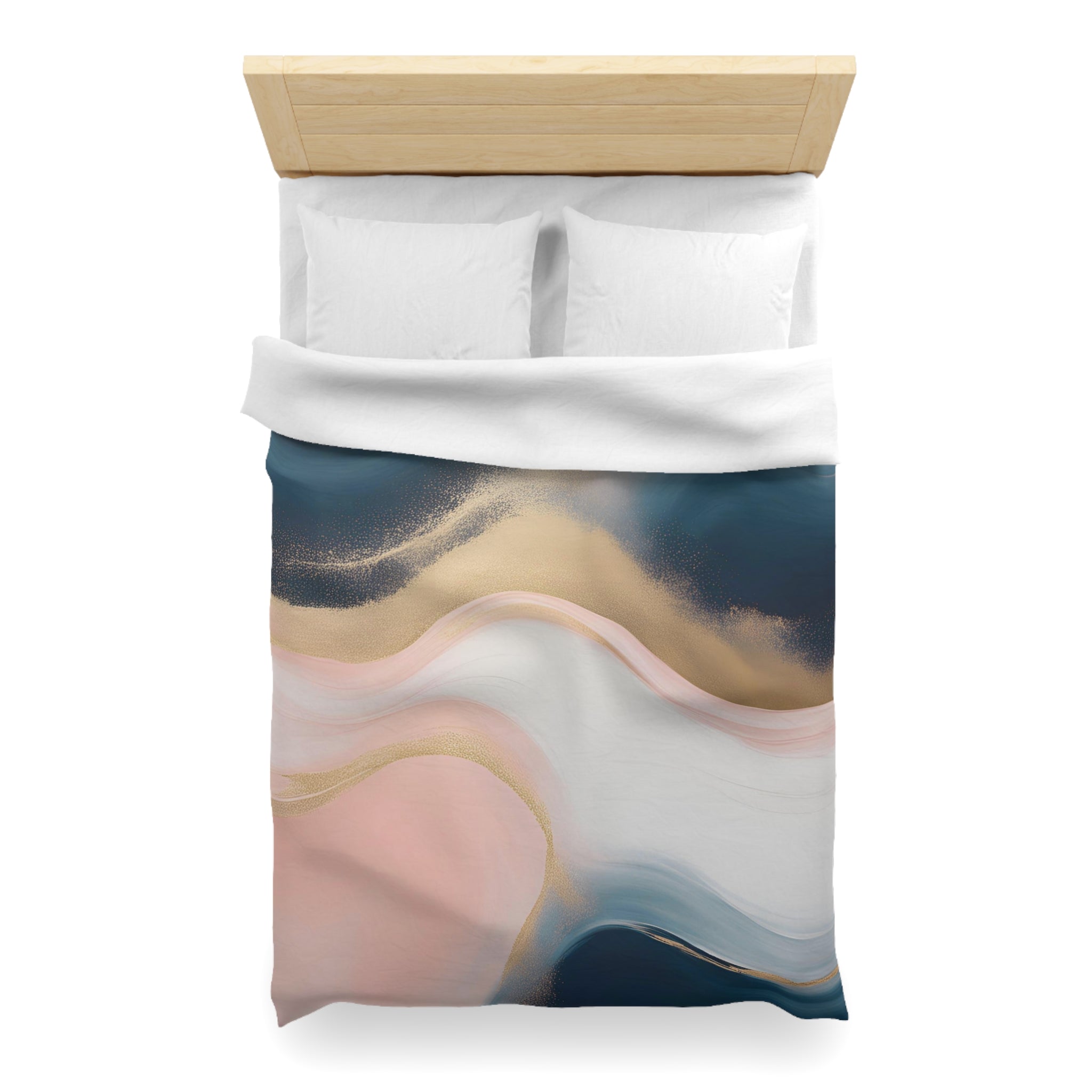 a bed with a colorful, abstract patterned comforter and pillows.