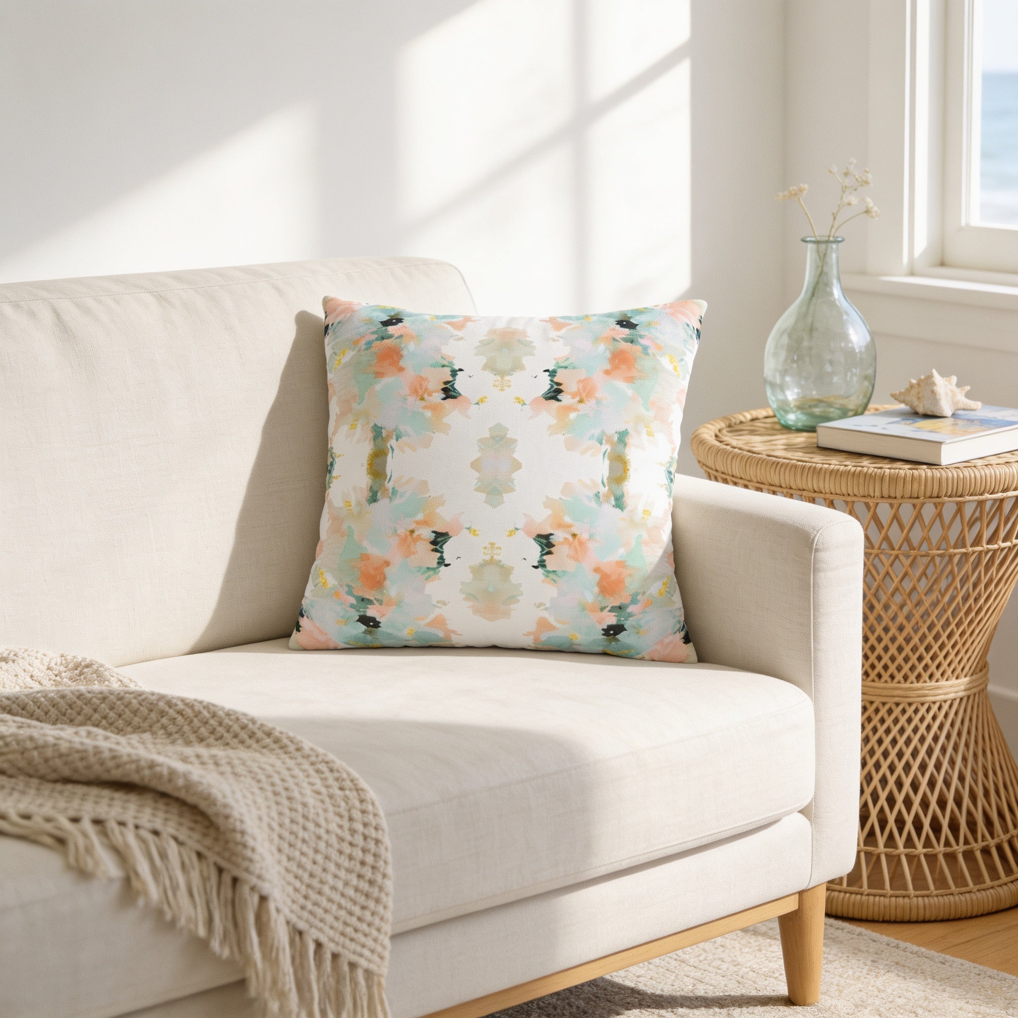 a cozy living room with a beige sofa, a colorful throw pillow, and a small side table with a vase of flowers.