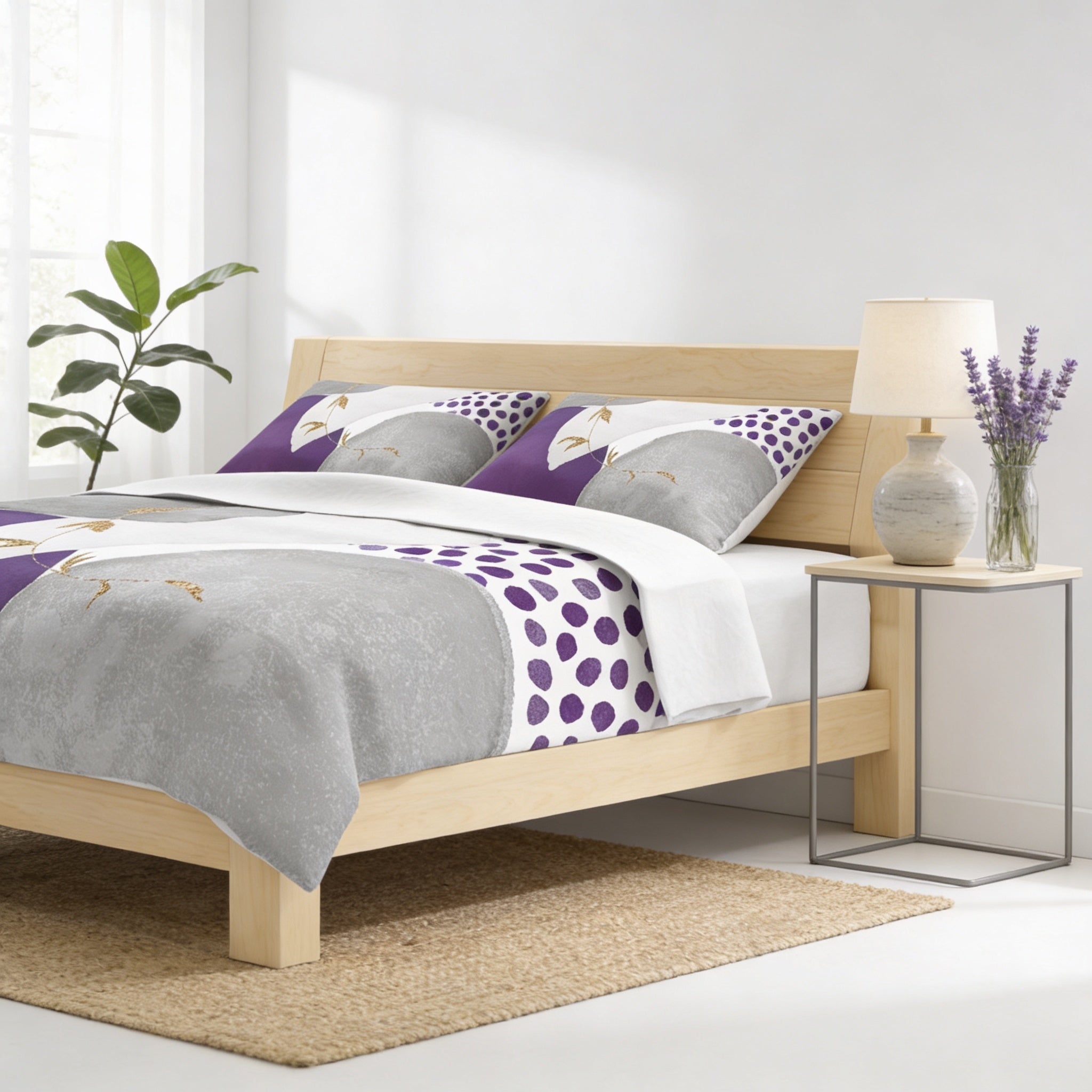 a modern bedroom with a wooden bed frame, a gray and white comforter with purple polka dots, and a small side table with a lamp and a vase of purple flowers.