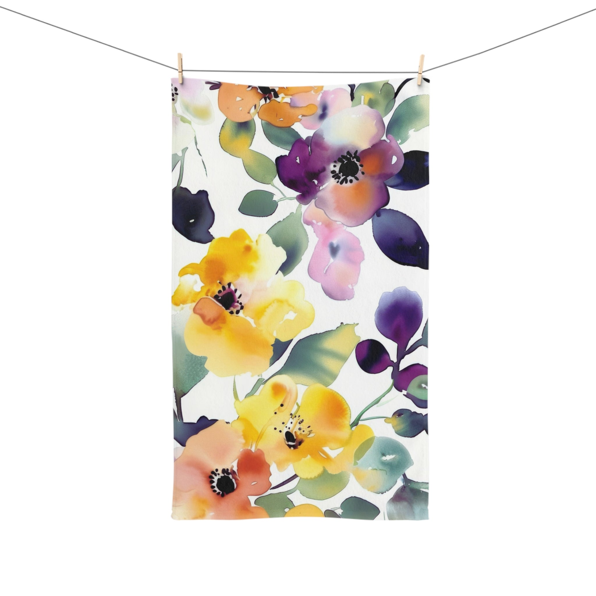 Floral Kitchen, Bath Hand Towel | Botanical Yellow Purple, Green Watercolor