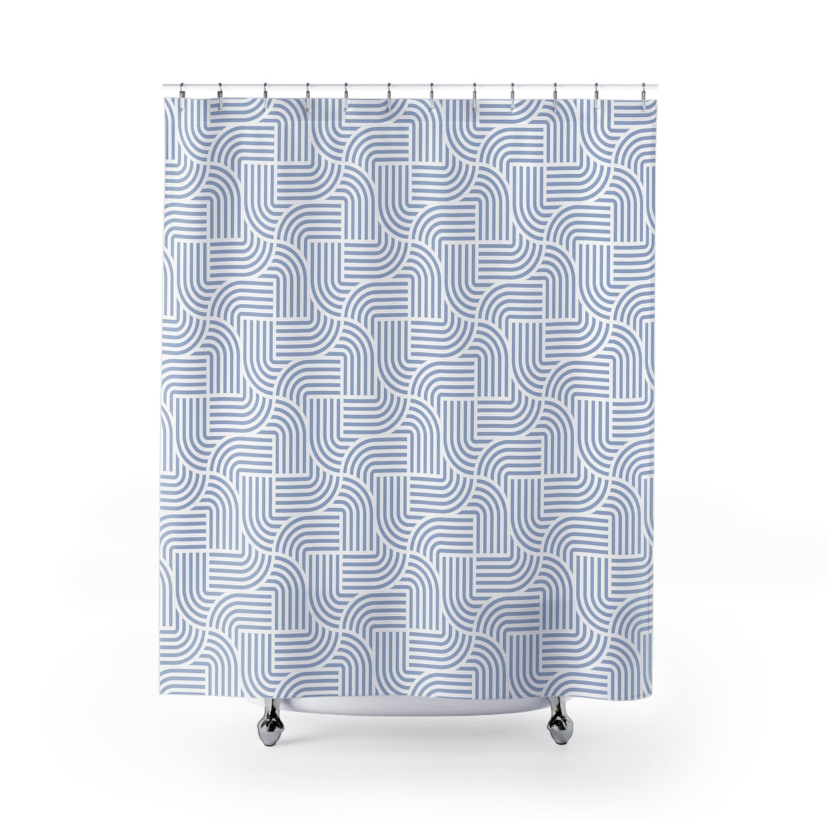 a shower curtain with a repeating pattern of blue and white lines, creating a visually striking and modern design.
