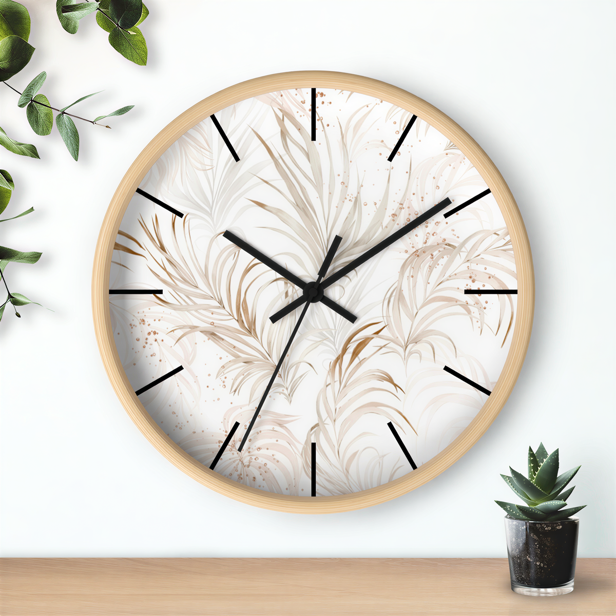 Floral Wood Wall Clock White Beige Leaves against a white wall