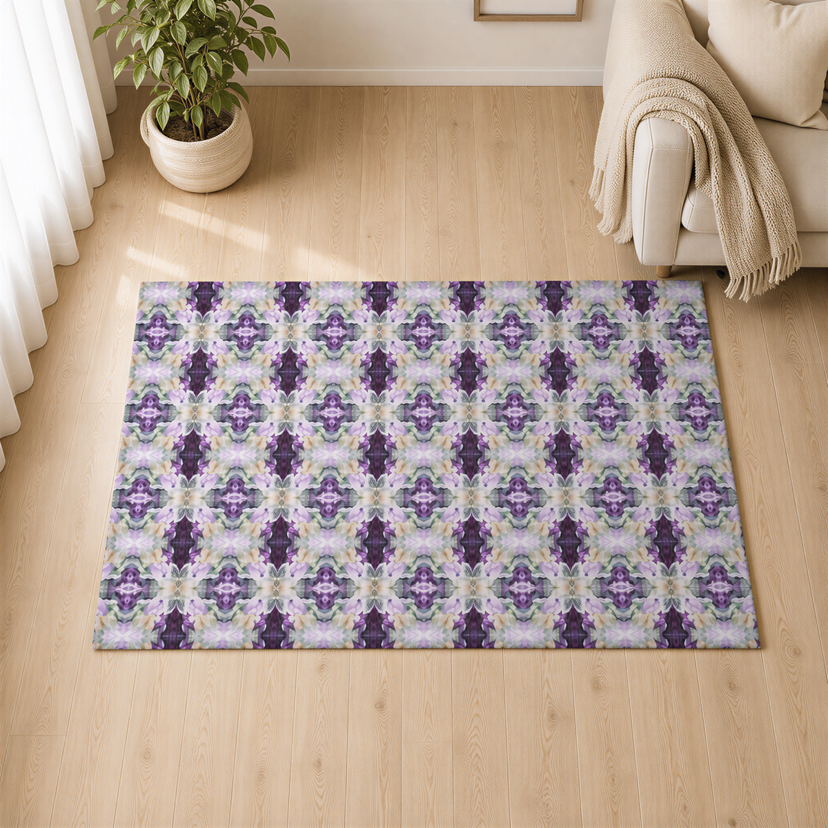 a large rug with a repeating pattern of purple and green geometric shapes on a wooden floor. The rug is placed in a living room setting, with a couch and a potted plant visible in the background.