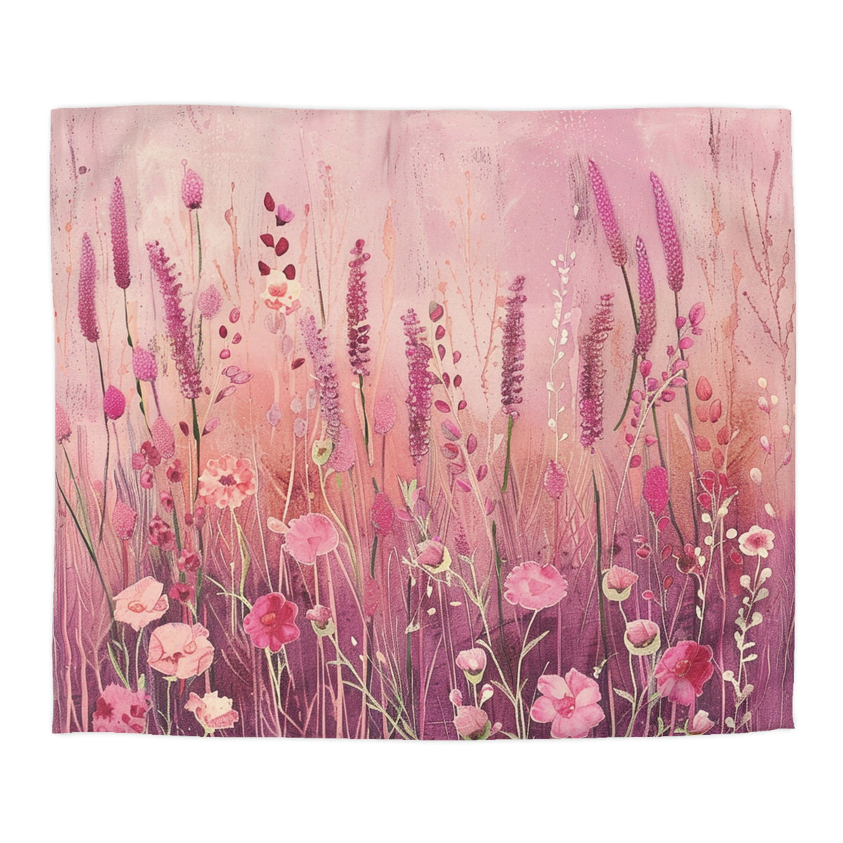 a field of tall grass with various pink and purple flowers blooming throughout the scene.