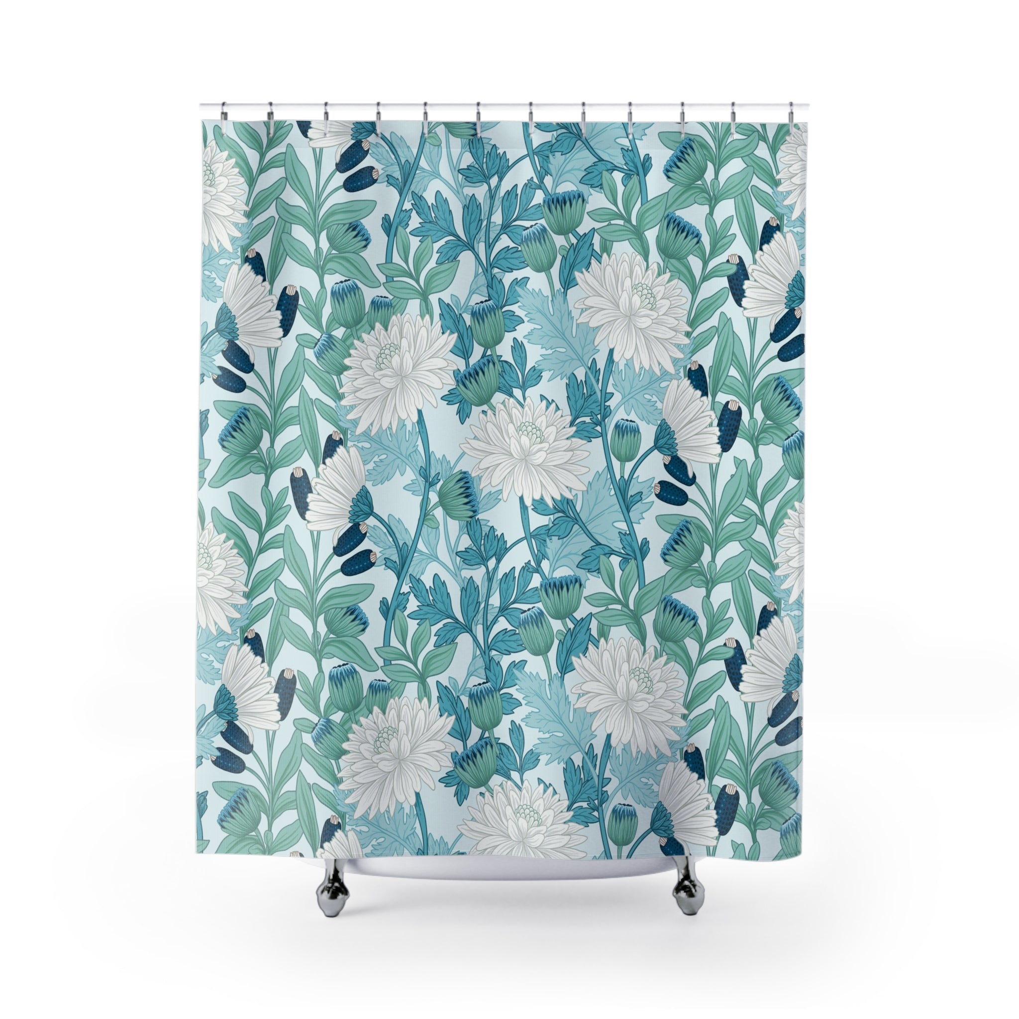Modern Shower Curtain | Floral Blue, Green, White Bath Curtain
