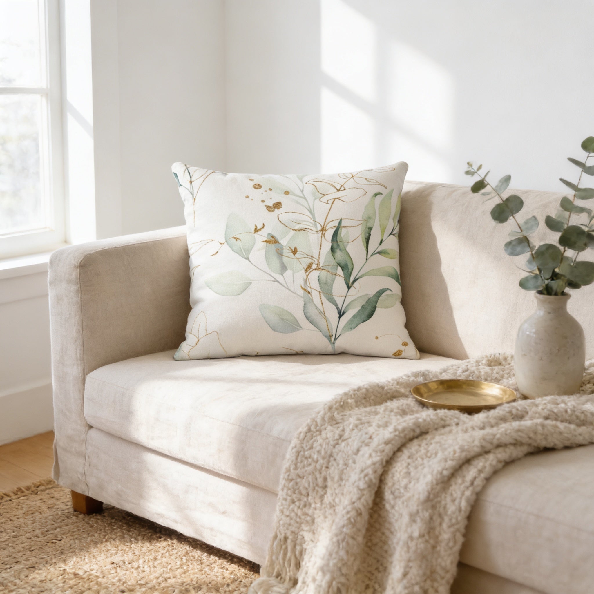 a cozy living room with a beige sofa, a white pillow with a leafy design, a gold bowl, and a white vase with greenery.