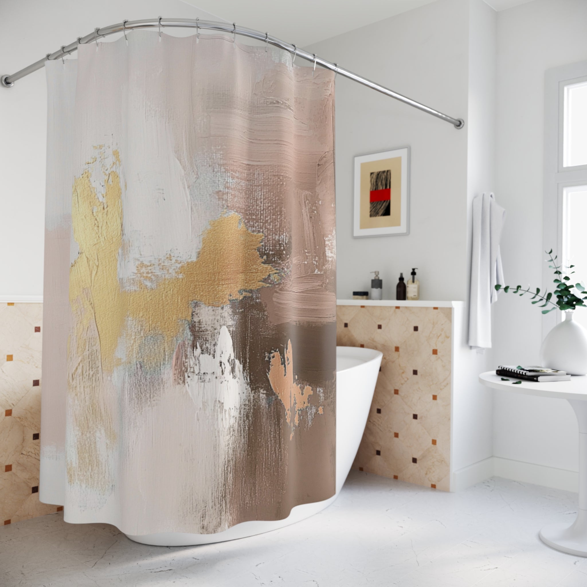 Abstract Shower Curtain | Earthy Neutral Brown Beige, Muted Gold Ombre