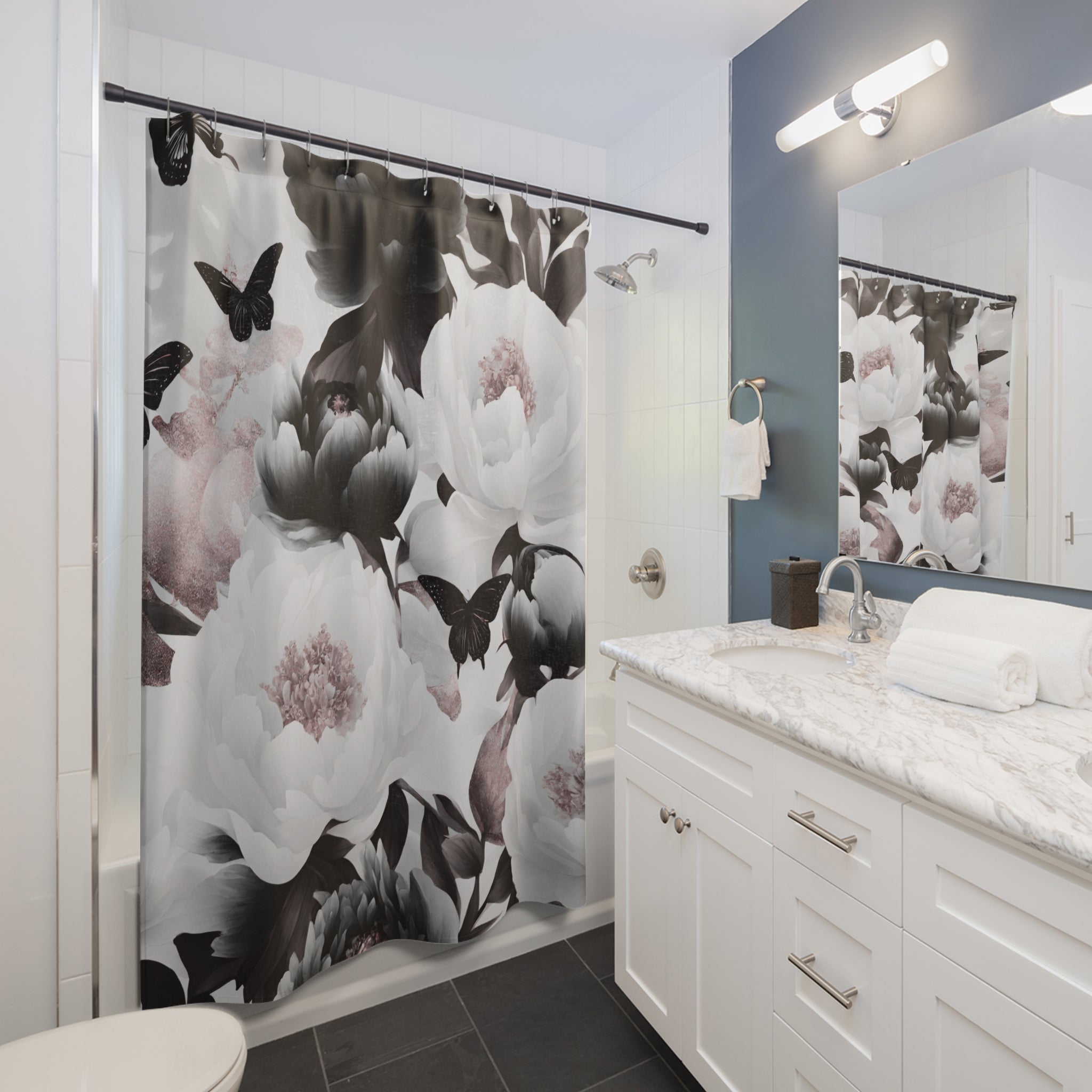 Floral Shower Curtain | Black White Butterflies