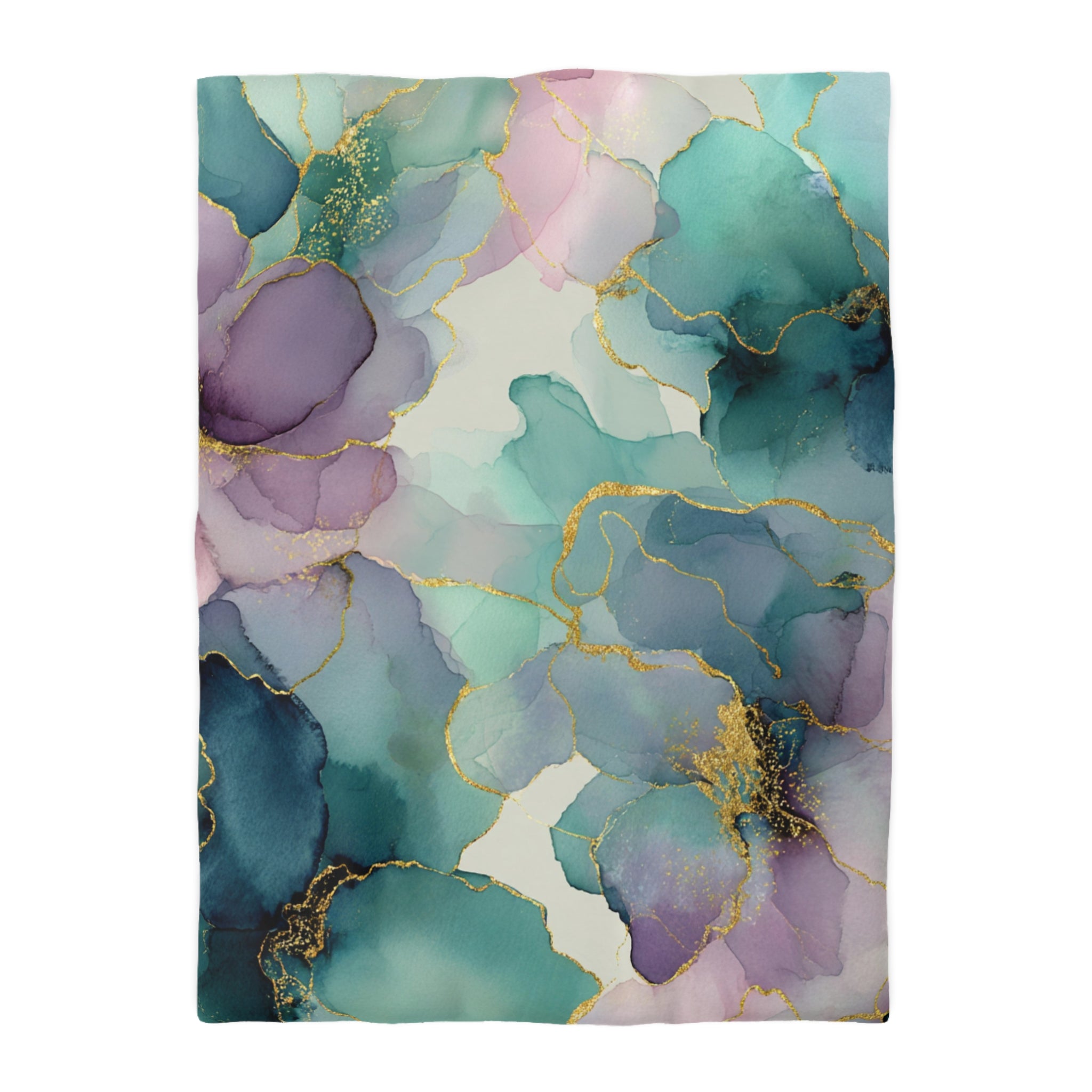 The image is a vibrant abstract painting featuring a variety of colors and textures, including shades of blue, green, purple, and gold. The painting is a collage of multiple images, creating a visually striking and dynamic composition.