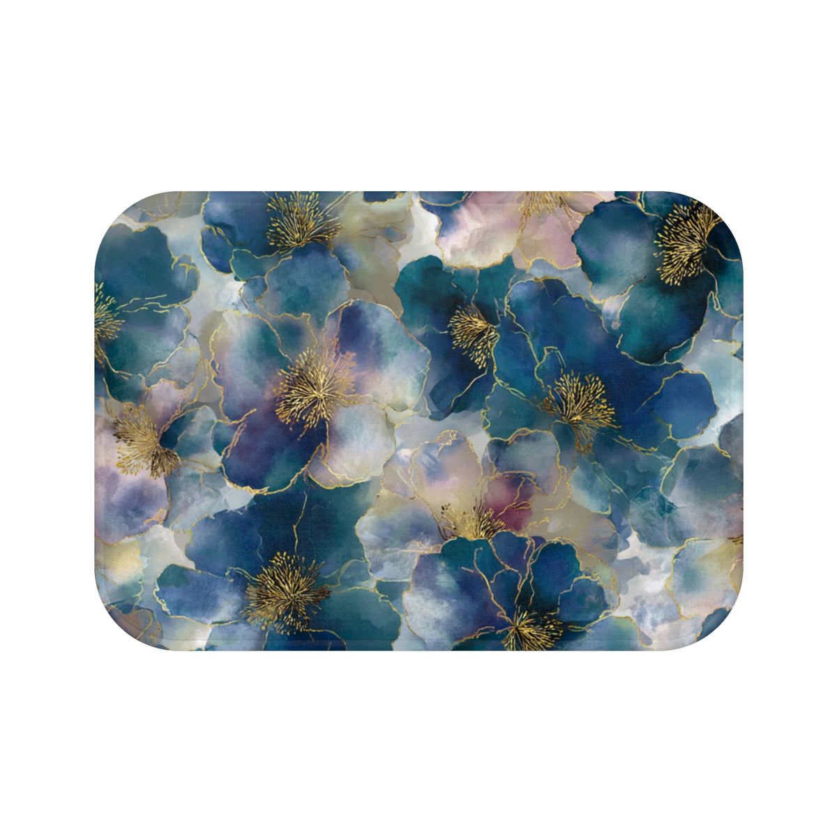a vibrant and colorful floral pattern with blue, pink, and white flowers, accented with gold details.