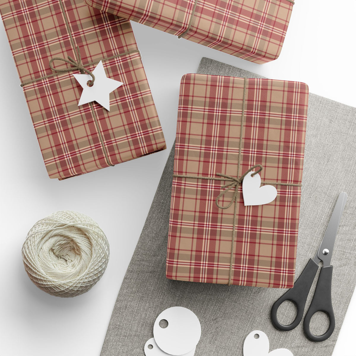 Red Tan Tartan Plaid Christmas Wrapping Paper, Gift Wrap
