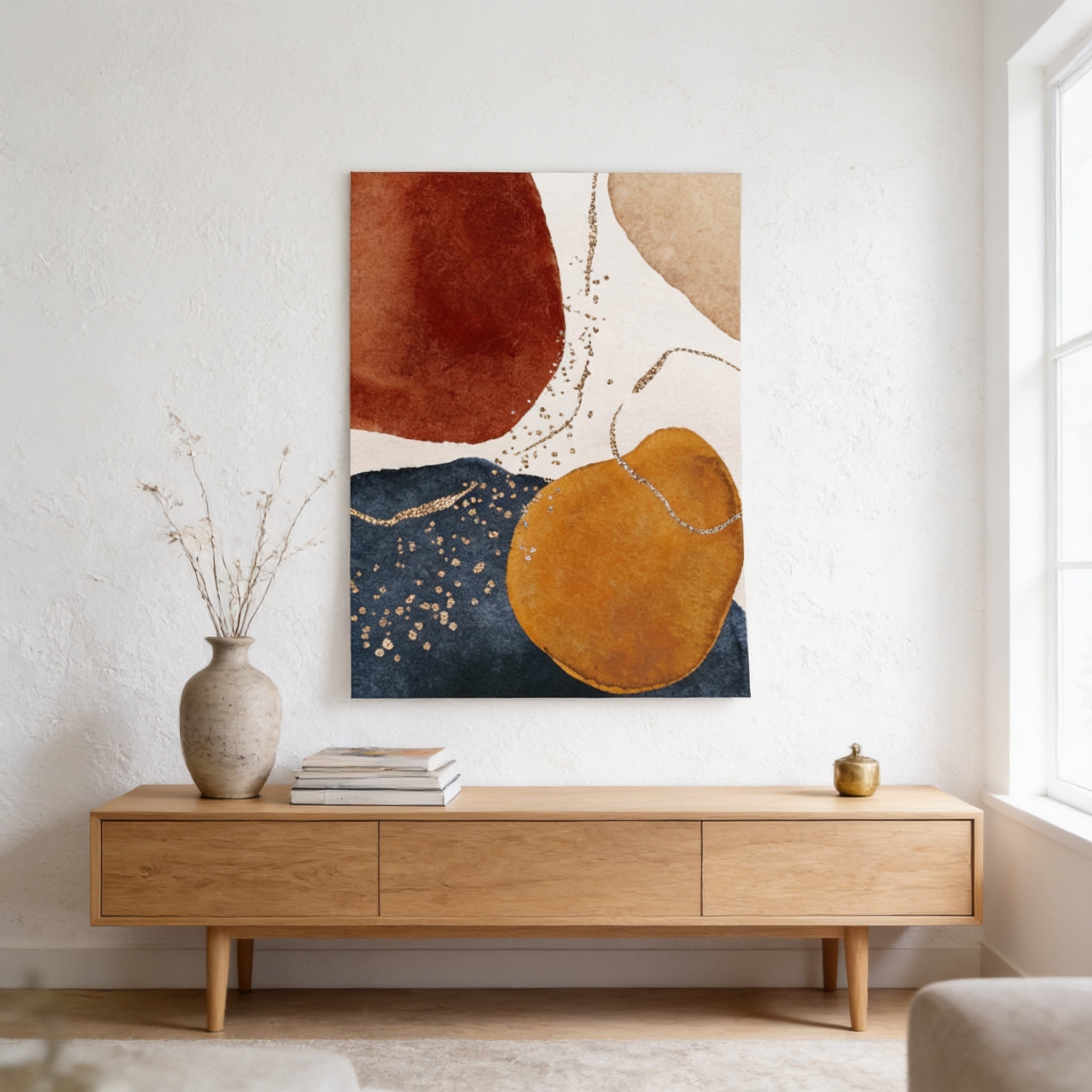 a modern living room with a large abstract painting hanging on the wall above a wooden console table. The console table has a stack of books and a small vase with flowers on it. The room has a clean, minimalist aesthetic with white walls and a wooden floor.