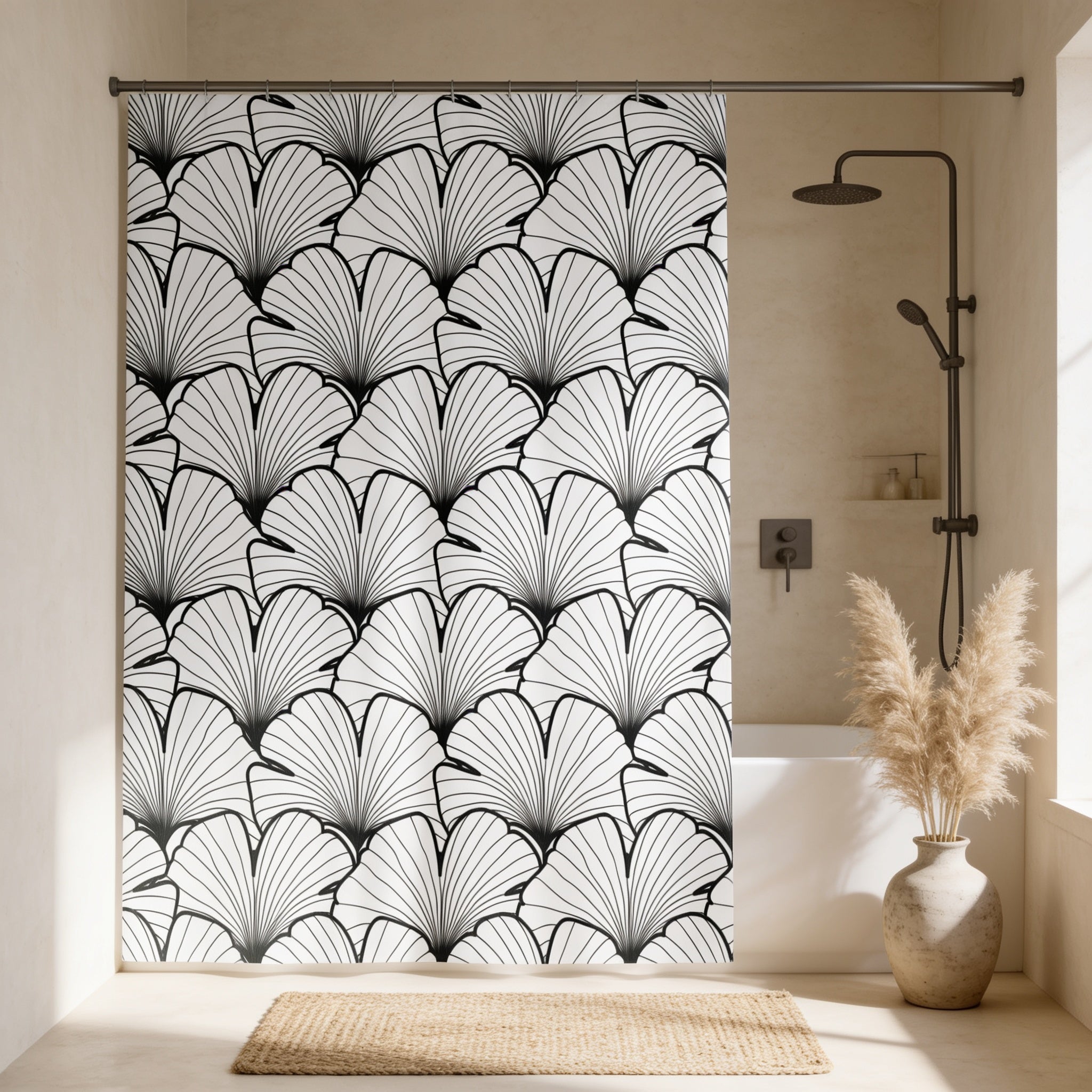 a bathroom with a shower curtain adorned with a repeating black and white floral pattern. The shower curtain is hanging in front of a bathtub, which has a potted plant placed on the floor next to it. The overall color scheme of the bathroom is neutral, with a beige color palette.