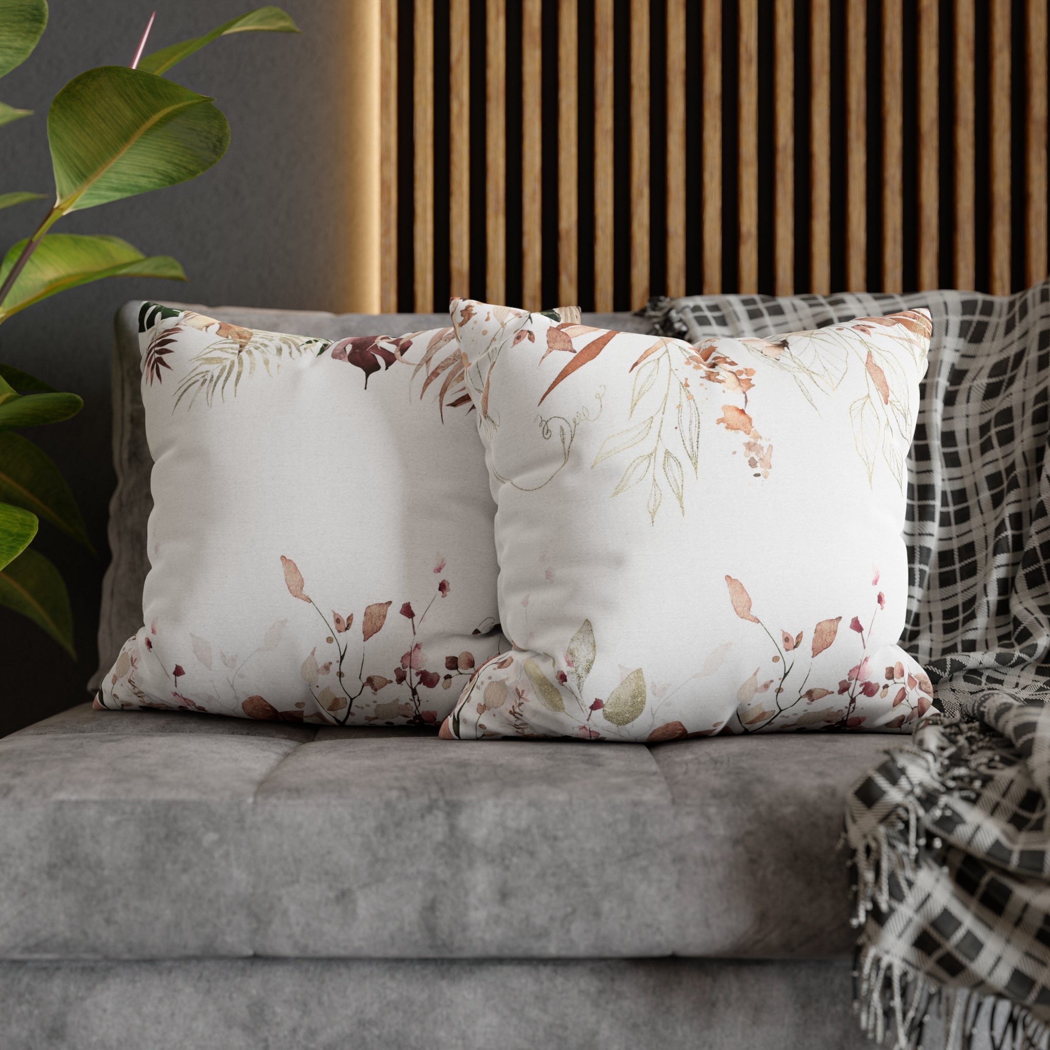 Floral Pillow Cover | White Beige Monstera Leaves