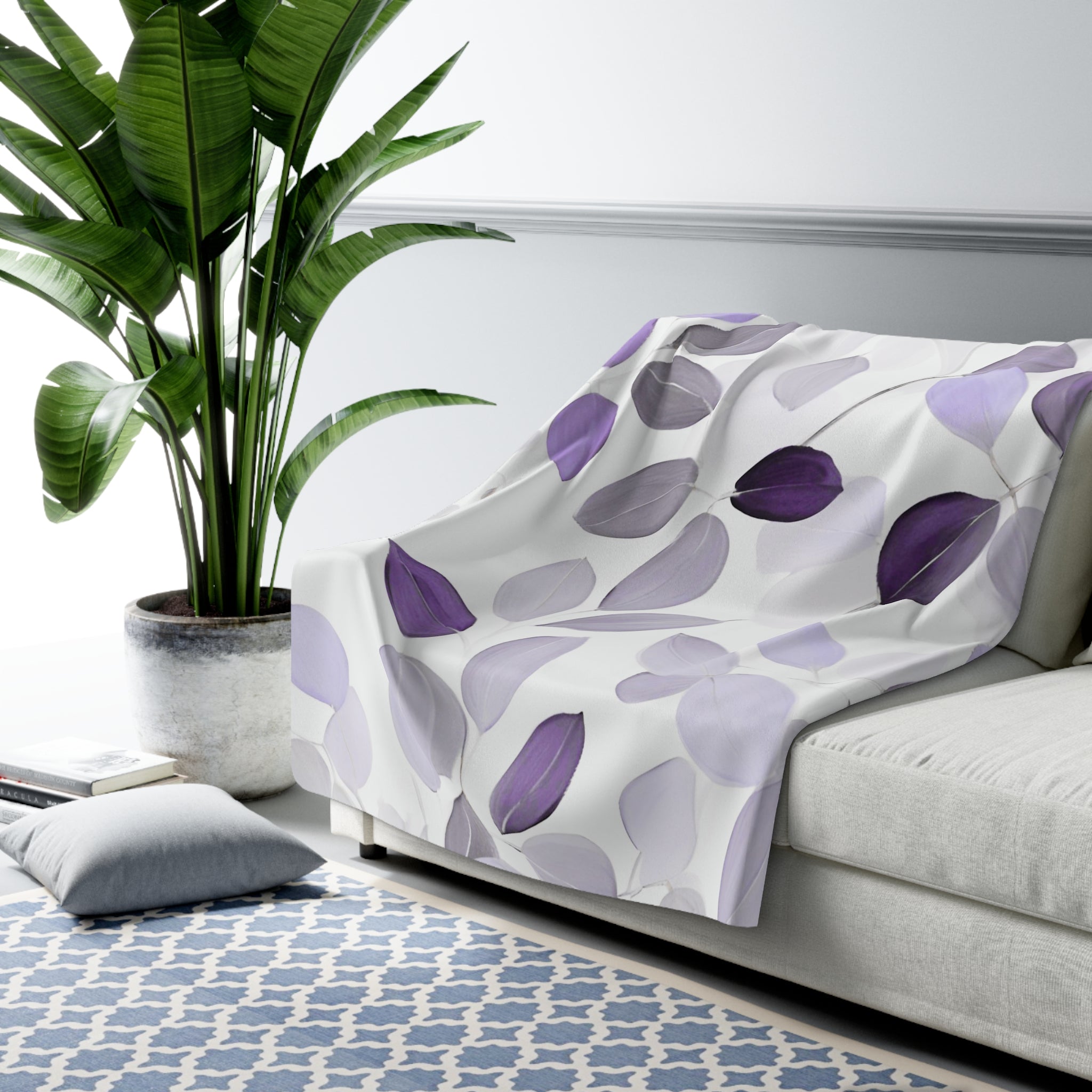 Floral Throw Blanket | White Lavender Purple Grey Leaves