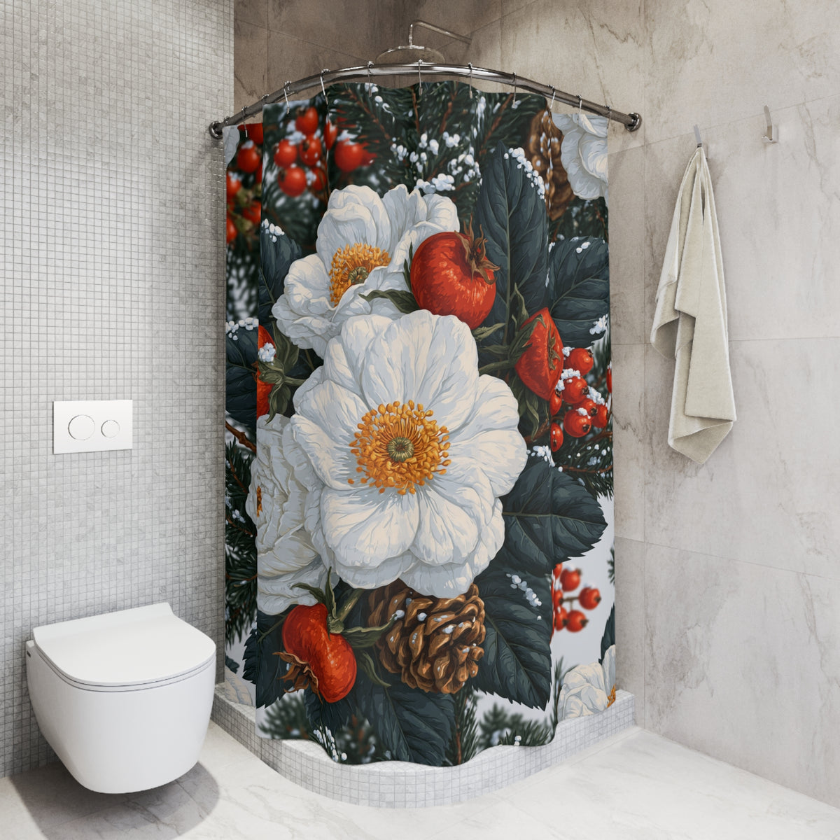 White Rose Winter Floral Shower Curtain, Bath Curtain 71x74