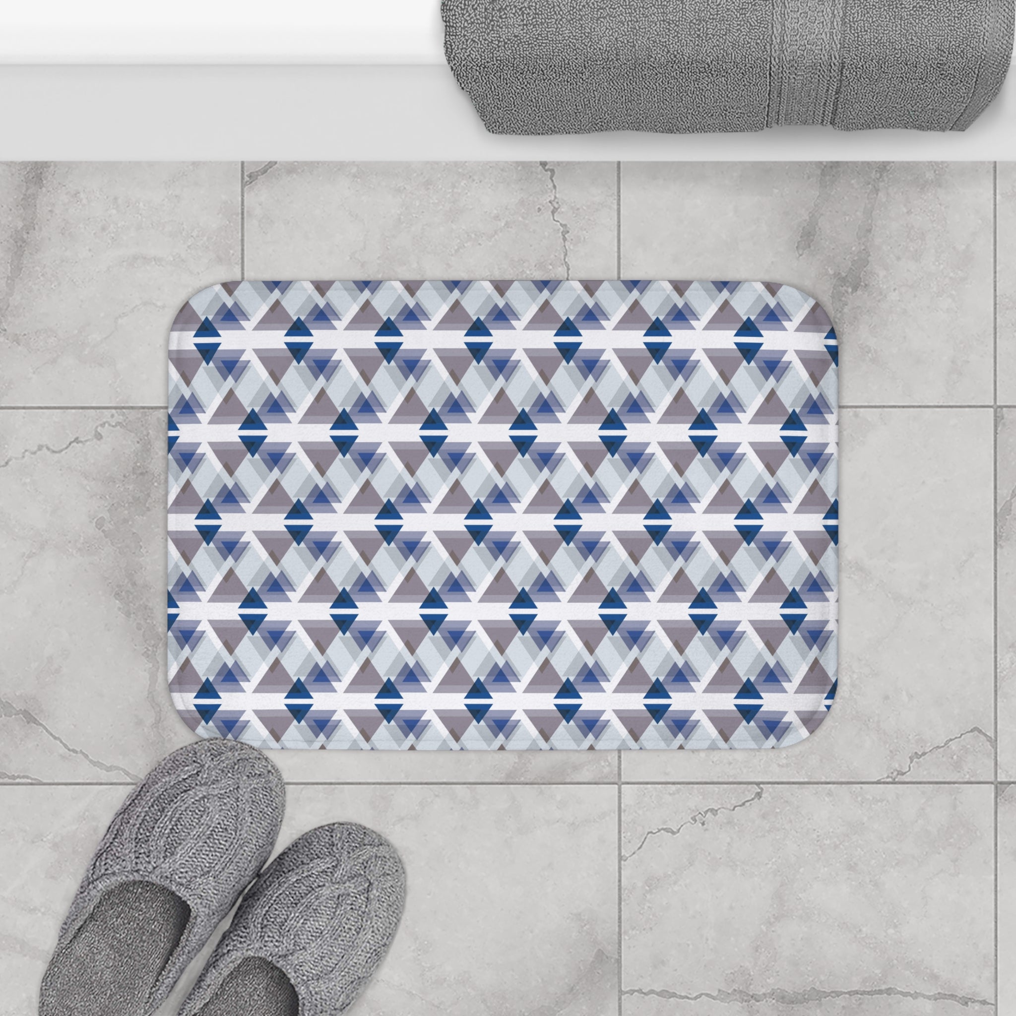 Geometric Bath Mat | Blue White Taupe Kitchen Mat