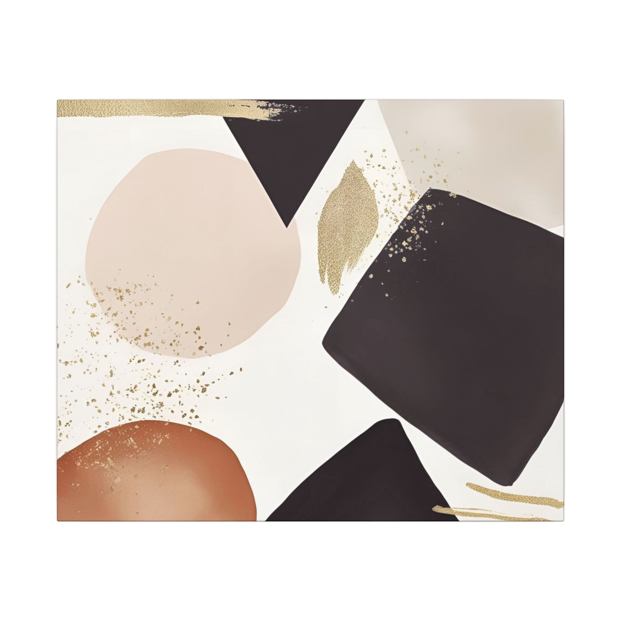 The image is a modern abstract art piece featuring a variety of shapes and colors, including shades of brown, black, and gold.