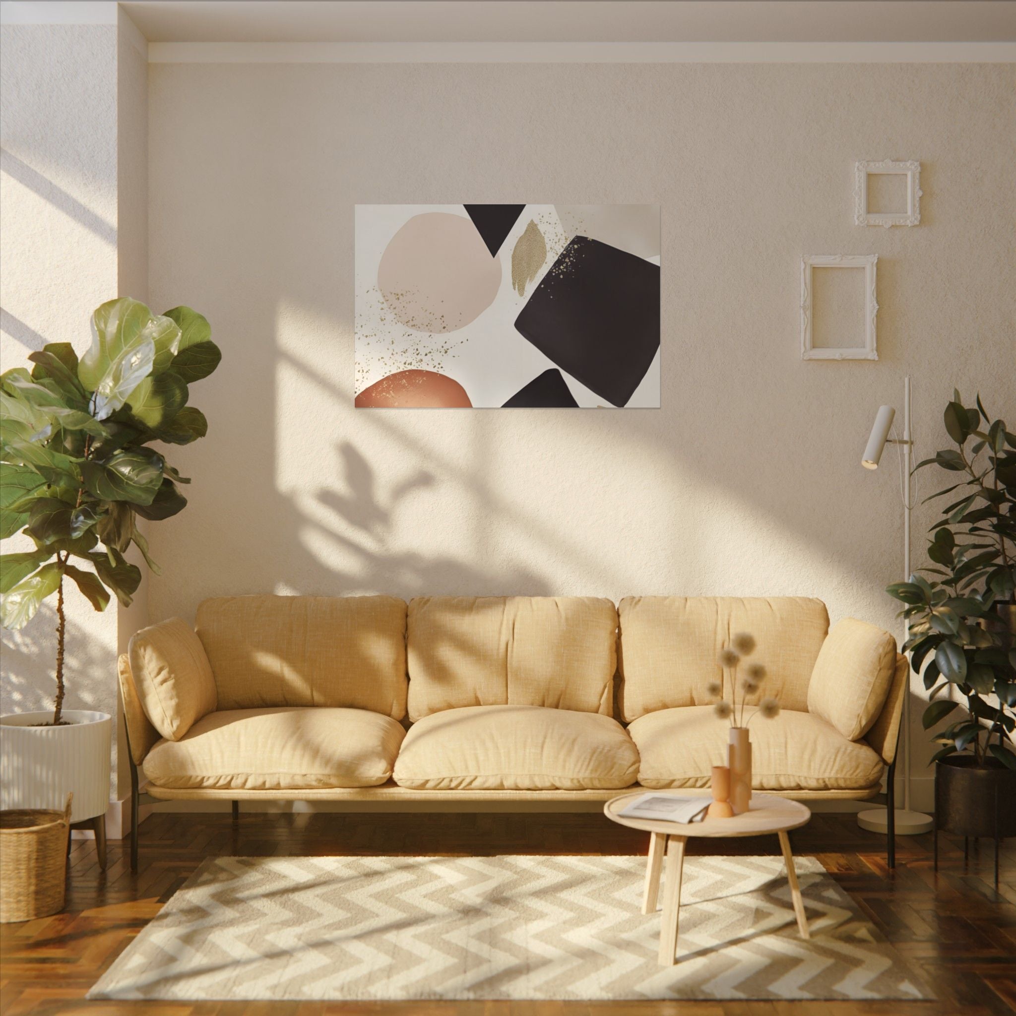 a cozy living room with a beige sofa, a coffee table, and a large abstract painting on the wall.
