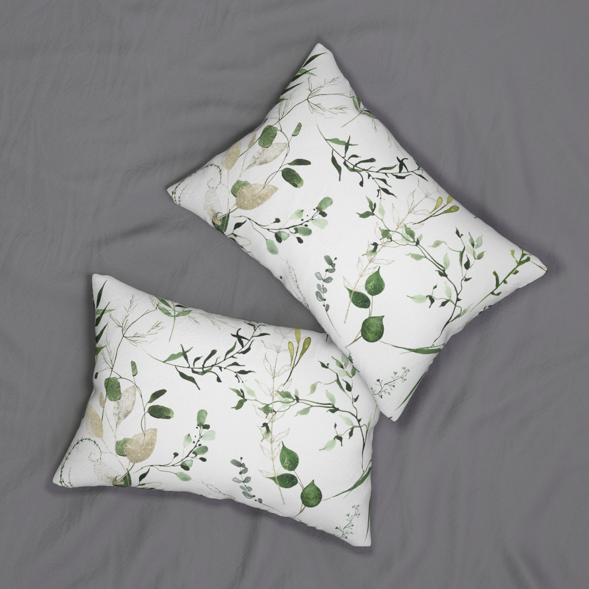 Boho Lumbar Pillow | White Sage Green Leaves Floral