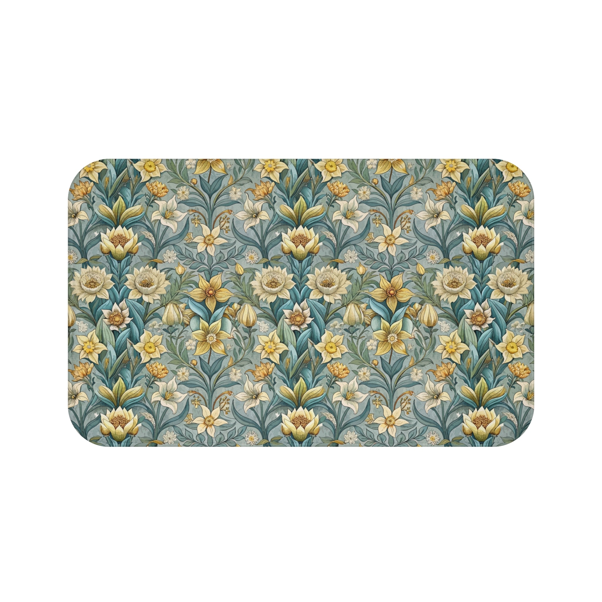 Floral Bath Mat | Vintage Blue Yellow Garden Kitchen Mat