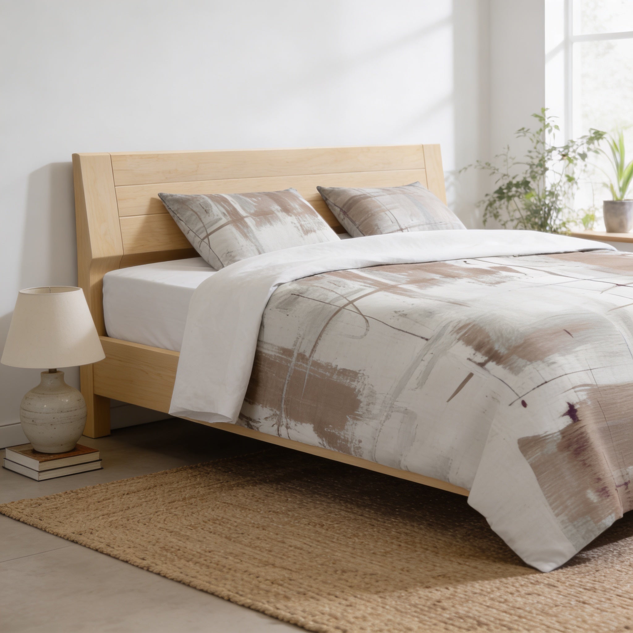 a serene and cozy bedroom scene, featuring a wooden bed with a patterned comforter and pillows, a lamp on a side table, and a window with a plant nearby.
