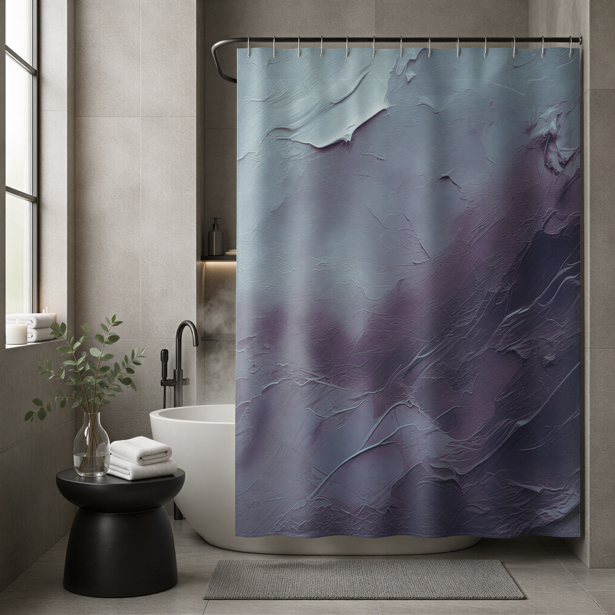 a modern bathroom with a large, textured purple and blue shower curtain. The bathroom features a white bathtub, a black stool, and a plant on the windowsill.