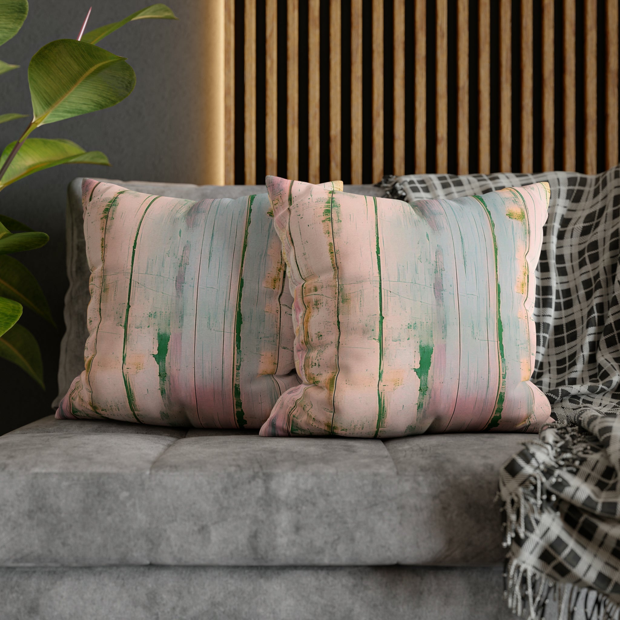 Retro Throw Pillow Cover | Blush Pink, Blue Wooden