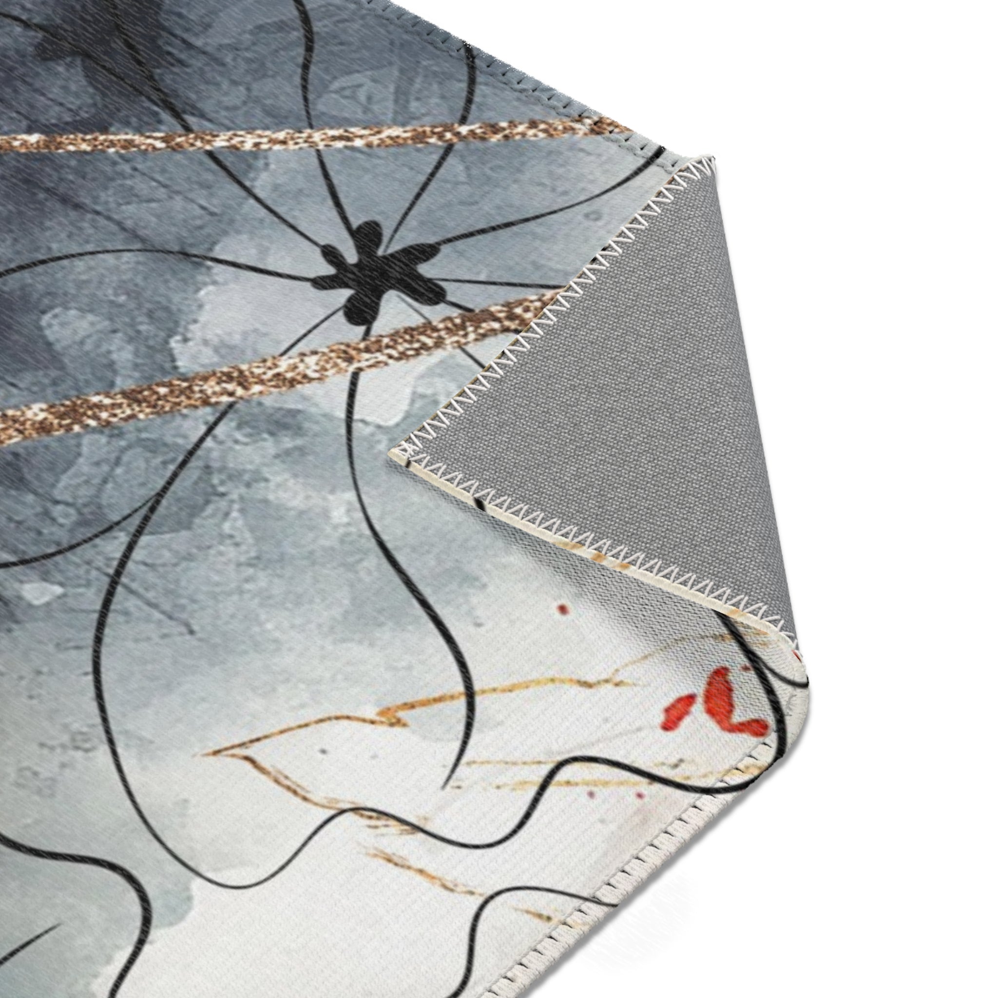 Boho Area Rug | Grey Red, Line Art, Floral Rug