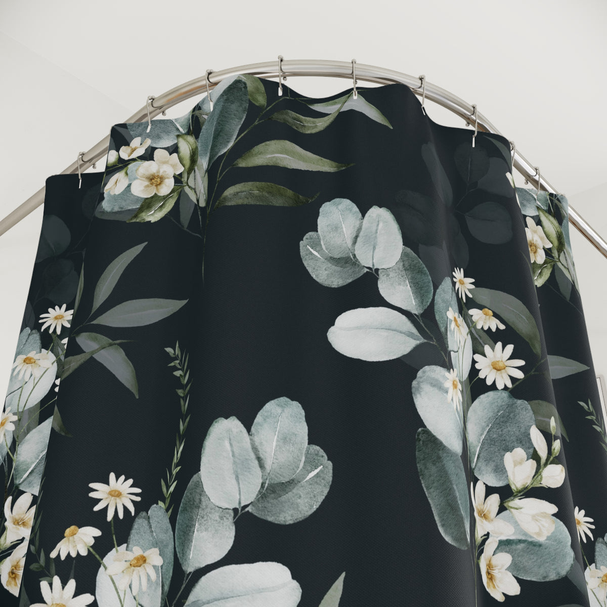 Moody Sage Eucalyptus Daisy Shower Curtain, Bath Curtain 71x74