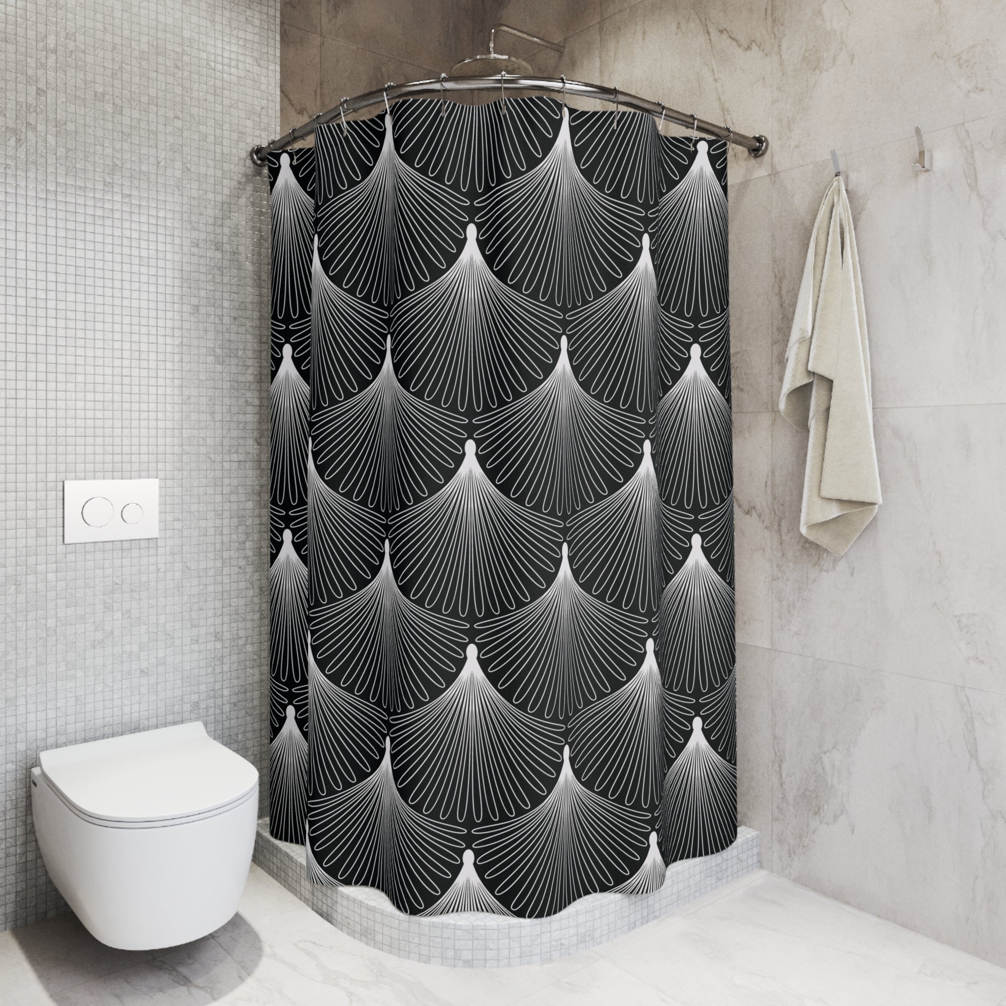 Black and White Shower Curtain | Art Deco Crane, Fan