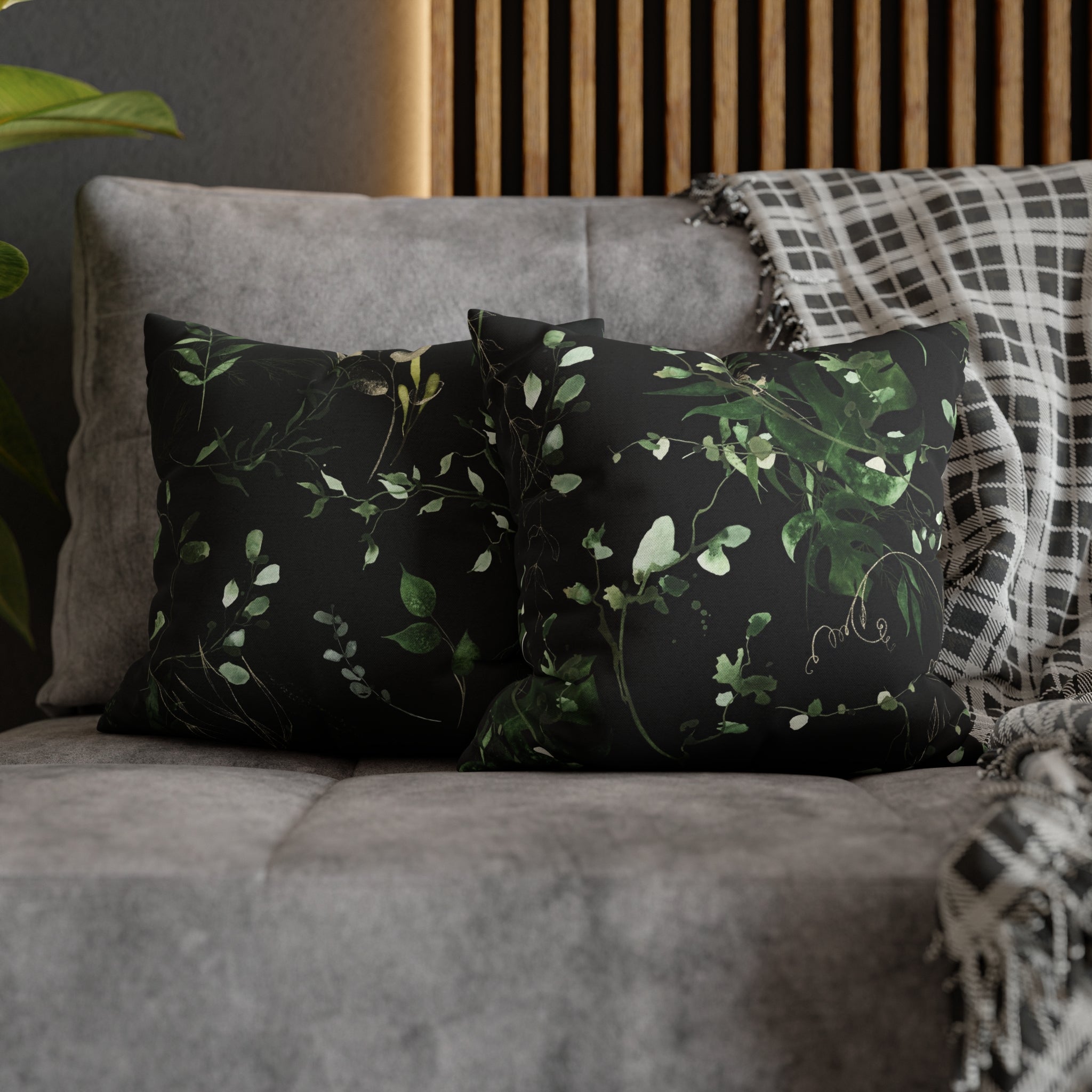 Black Floral Pillow Cover | Beige Sage Green Leaves