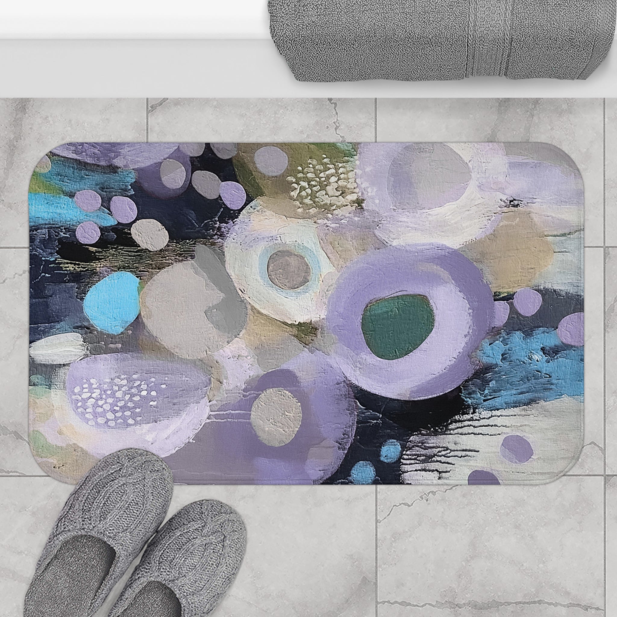 Abstract Bath Mat | Colorful Lavender Purple Beige Black White Kitchen Mat