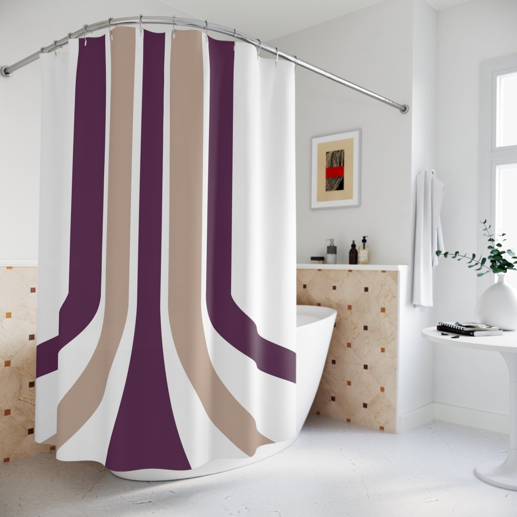 Minimalist Shower Curtain | Retro White Purple Beige