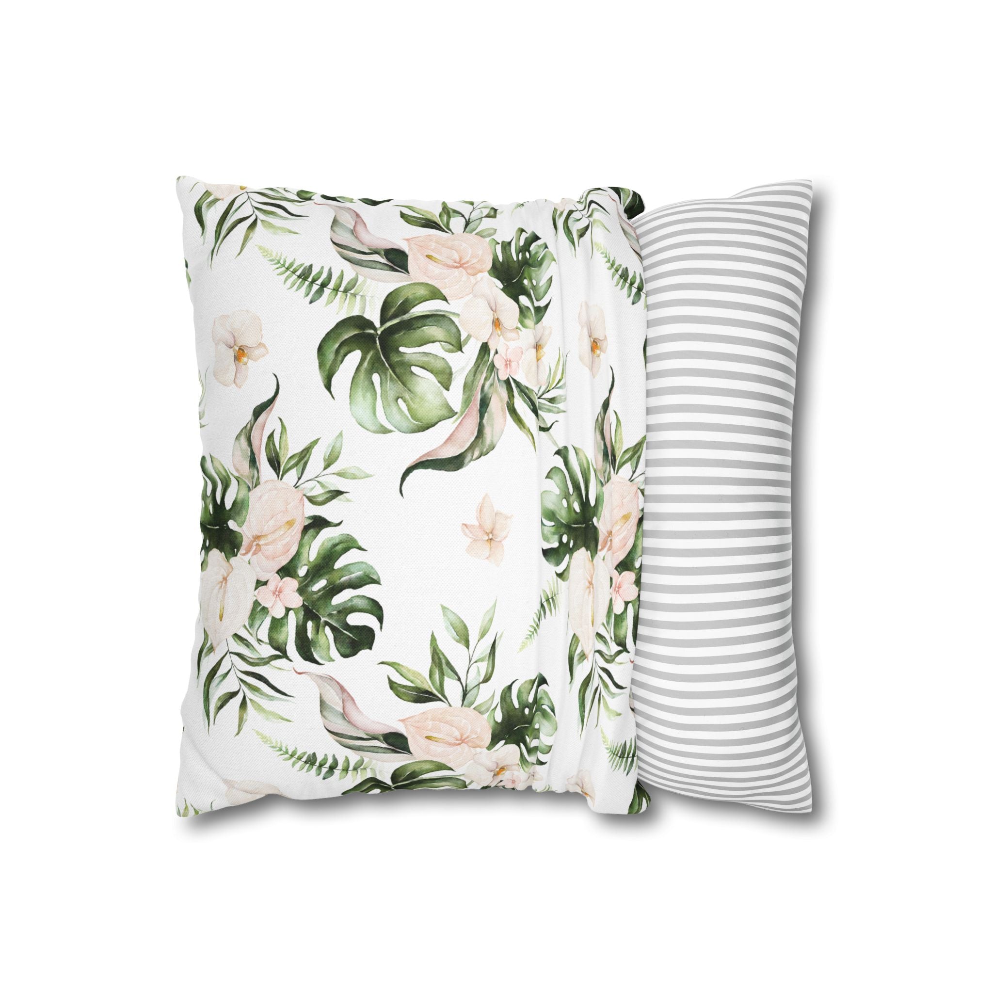 Orchids Floral Pillow Cover | White Green Monstera Tropical Leaves